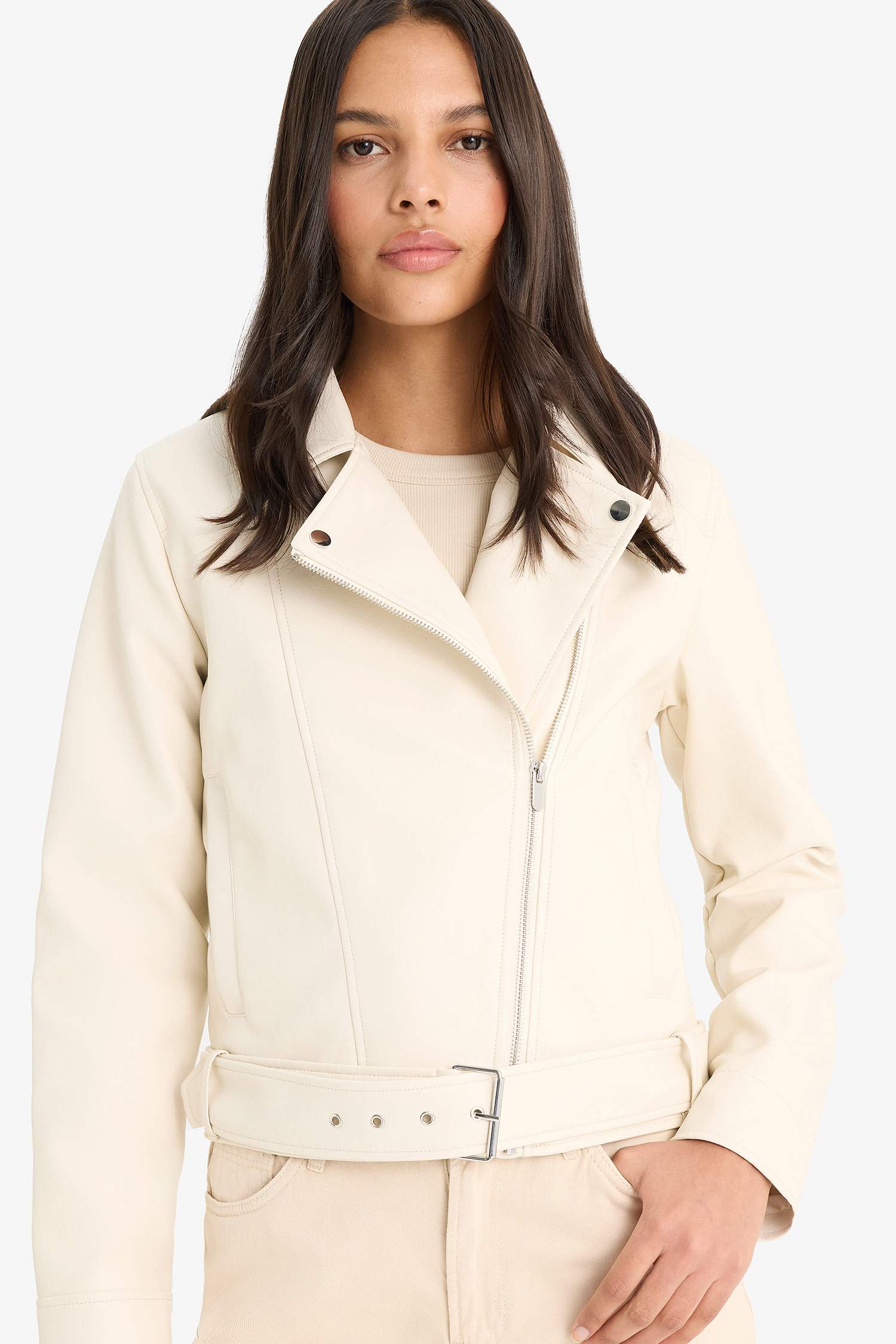 Regular Fit Zippered Faux Leather Jacket
