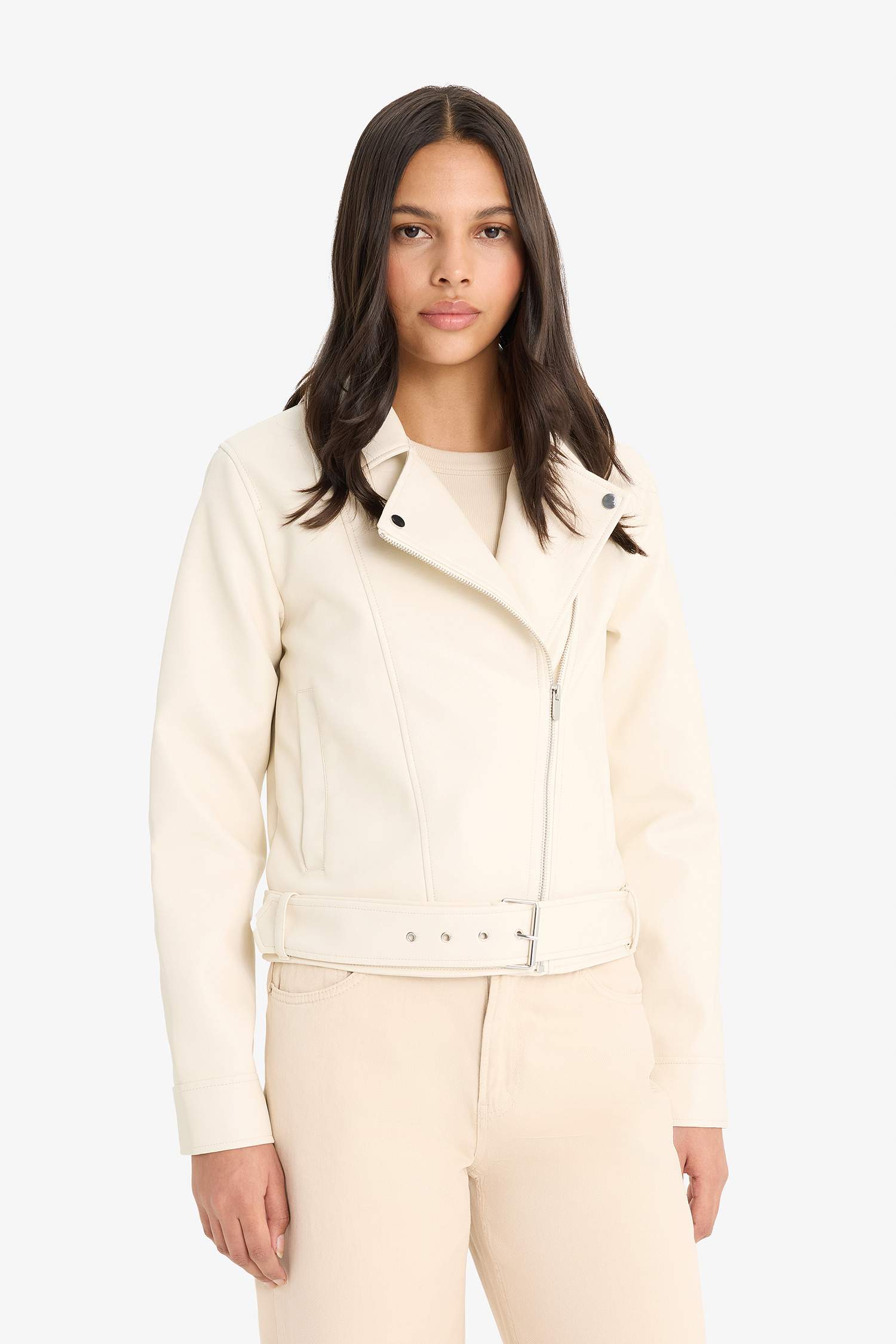 Regular Fit Zippered Faux Leather Jacket