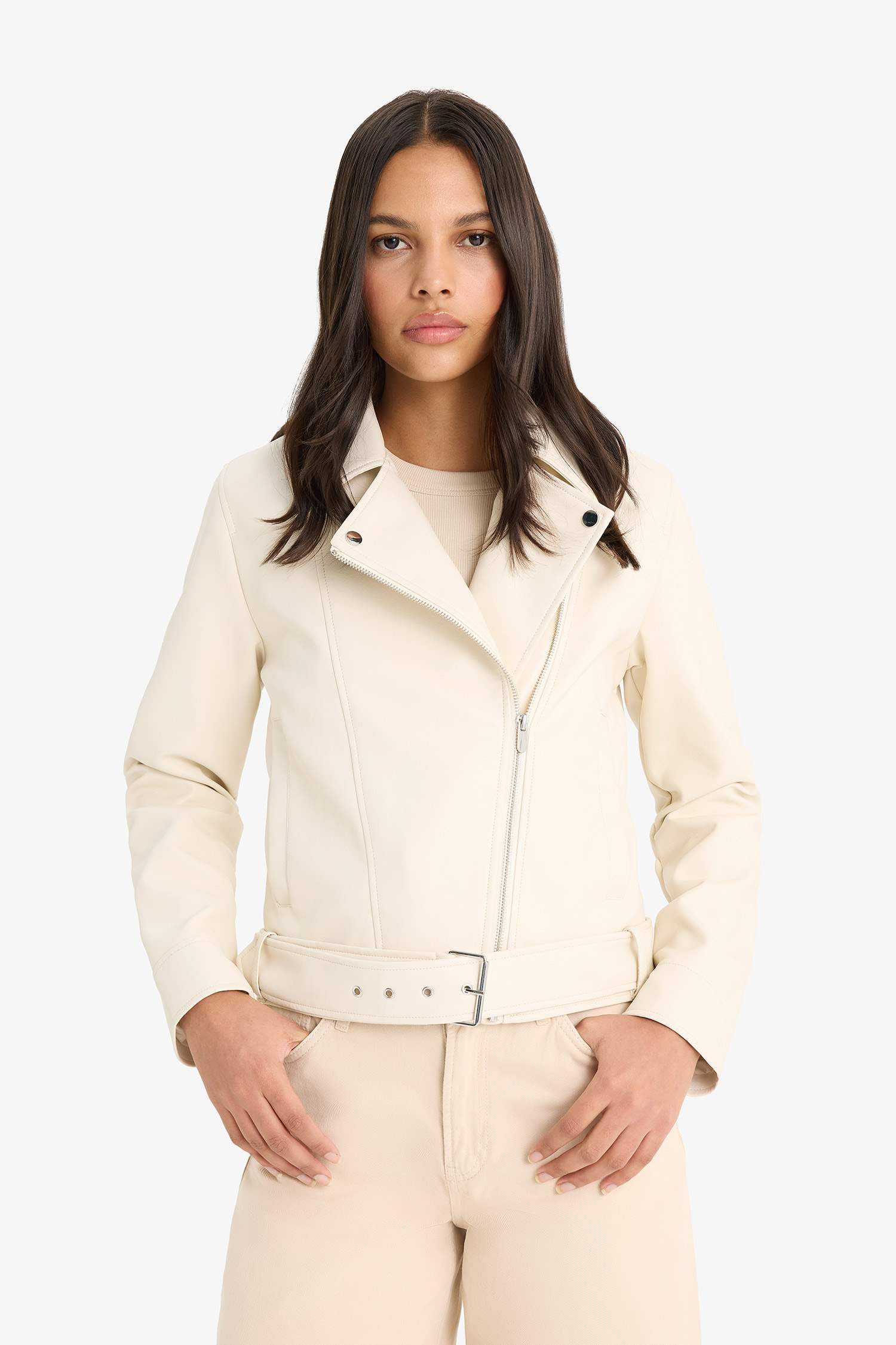 Regular Fit Zippered Faux Leather Jacket