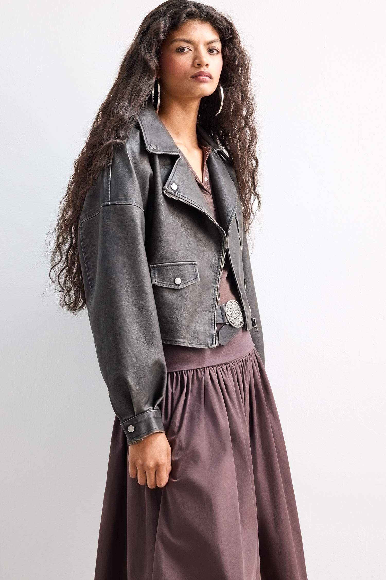 Oversize Geniş Kalıp Tafta Suni Deri Ceket Mont