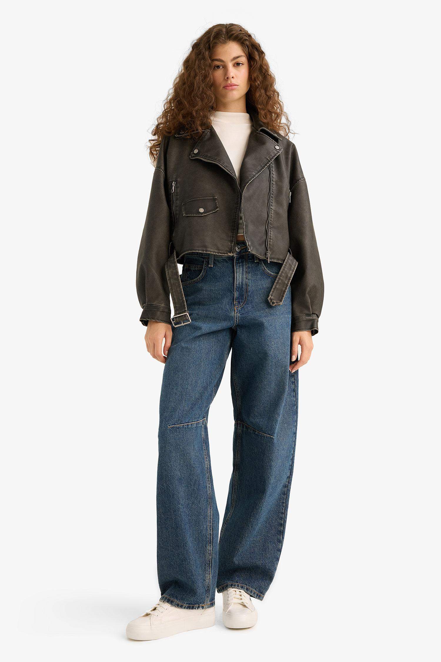 Oversize Geniş Kalıp Tafta Suni Deri Ceket Mont