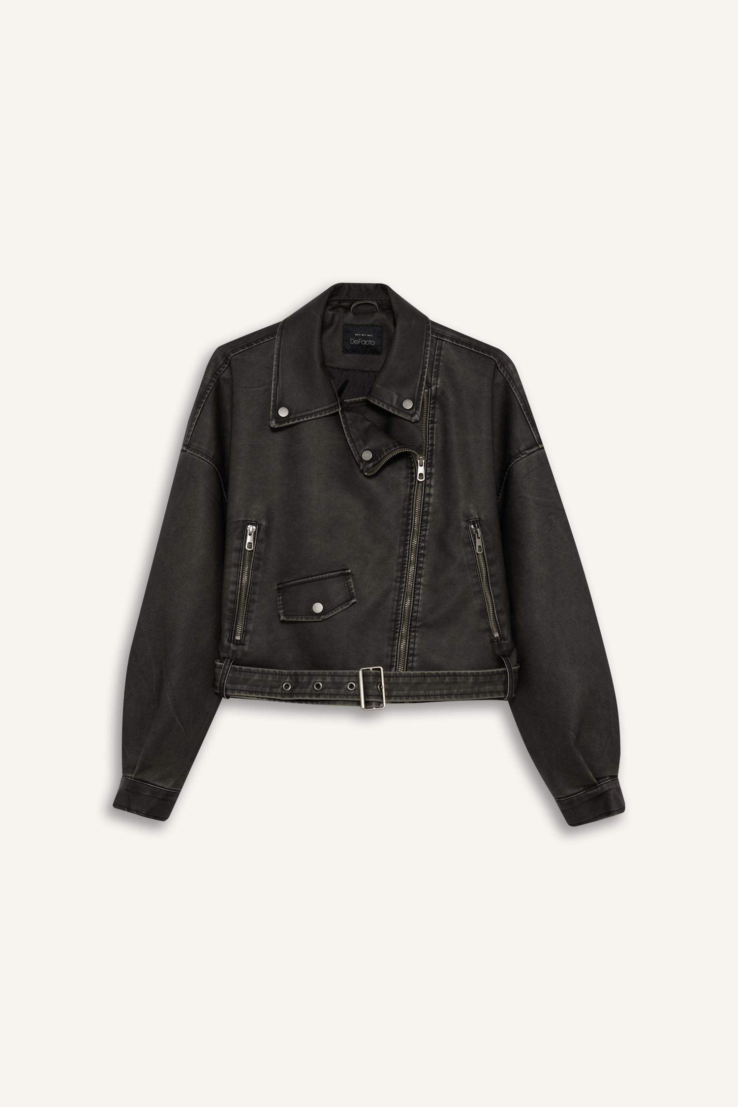 Oversize Geniş Kalıp Tafta Suni Deri Ceket Mont