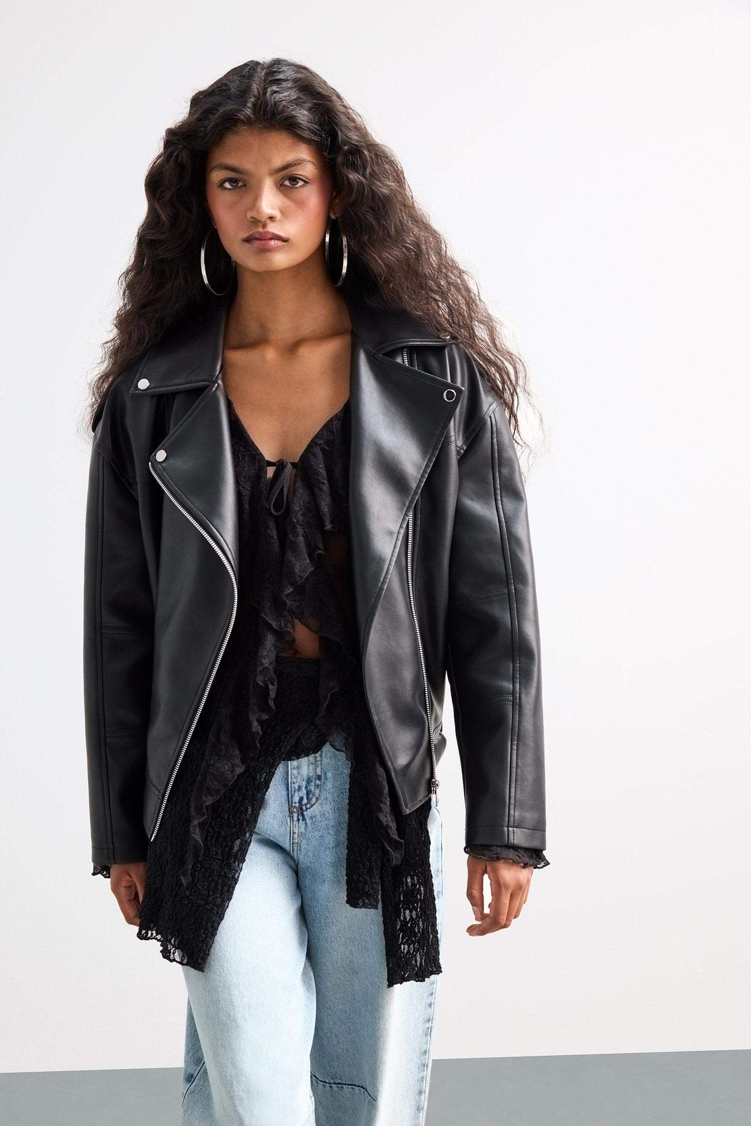 Oversize Geniş Kalıp Fermuarlı Suni Deri Ceket Mont