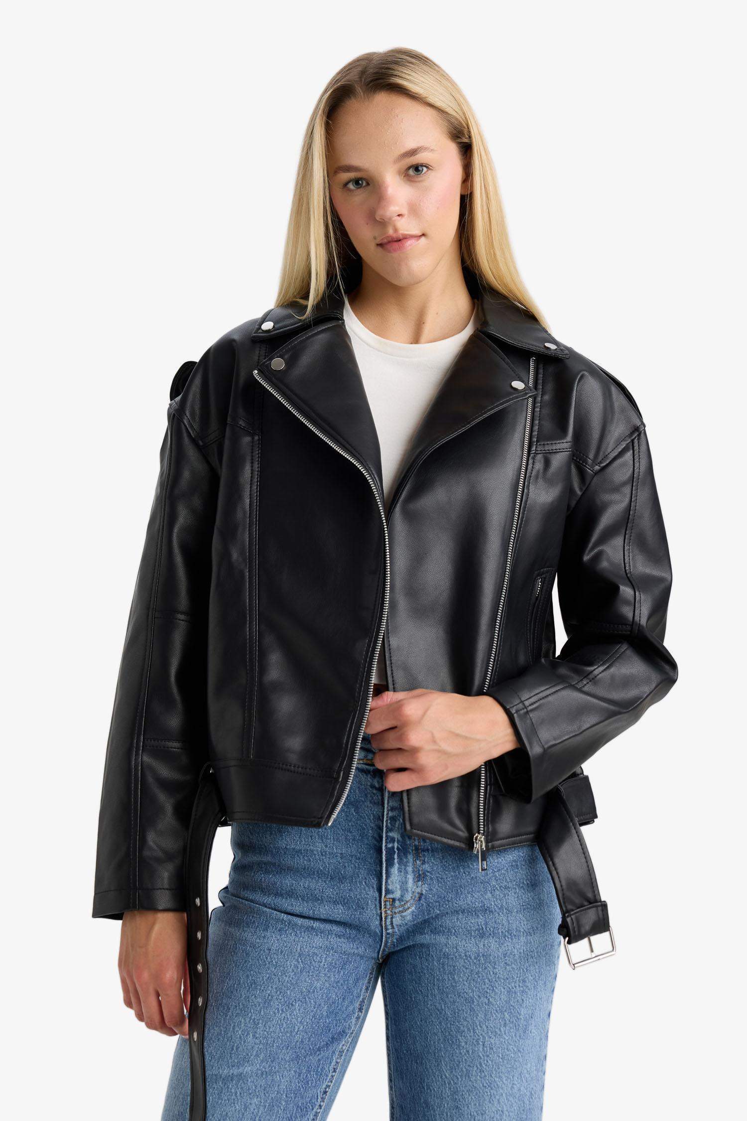 Oversize Geniş Kalıp Fermuarlı Suni Deri Ceket Mont