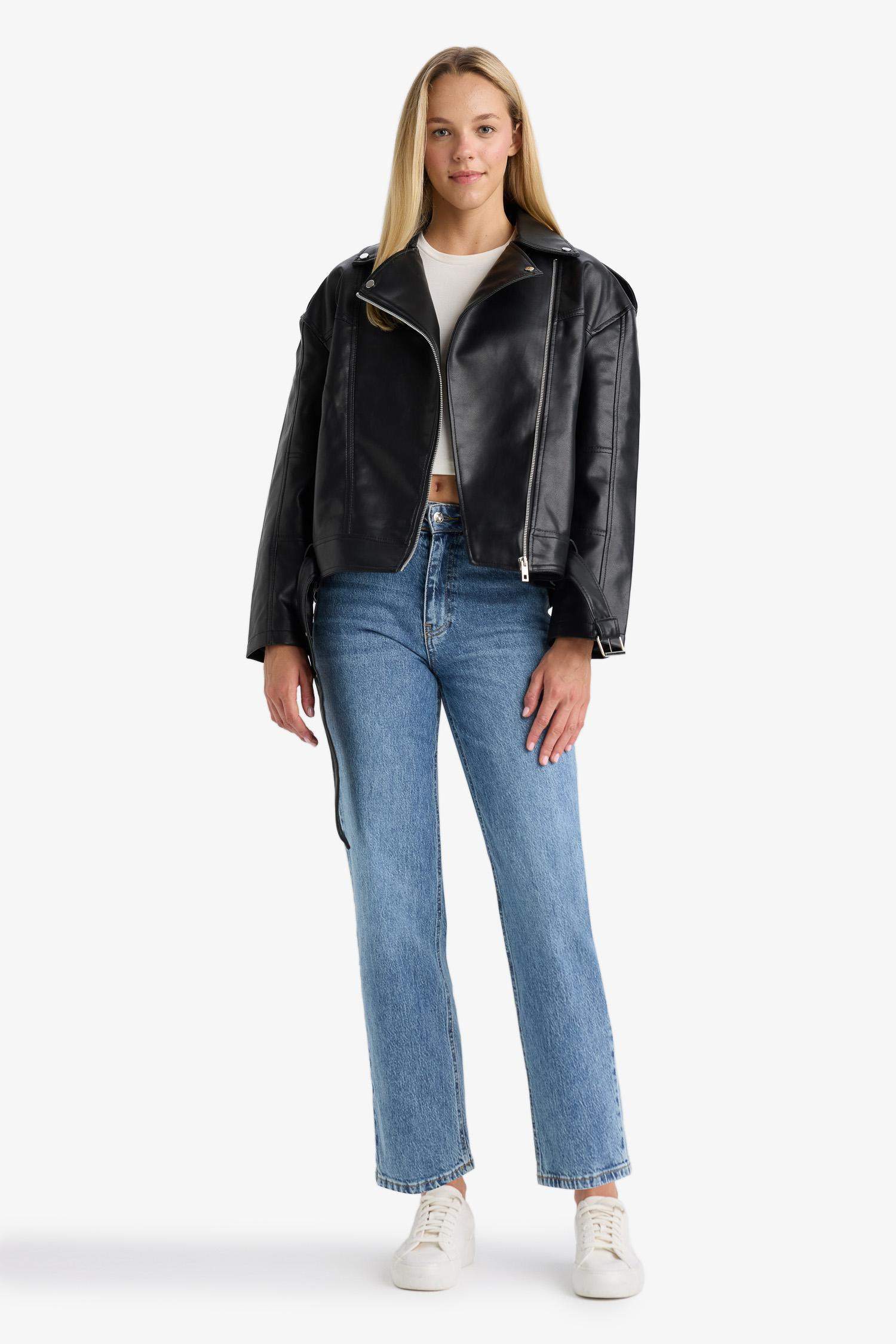 Oversize Geniş Kalıp Fermuarlı Suni Deri Ceket Mont