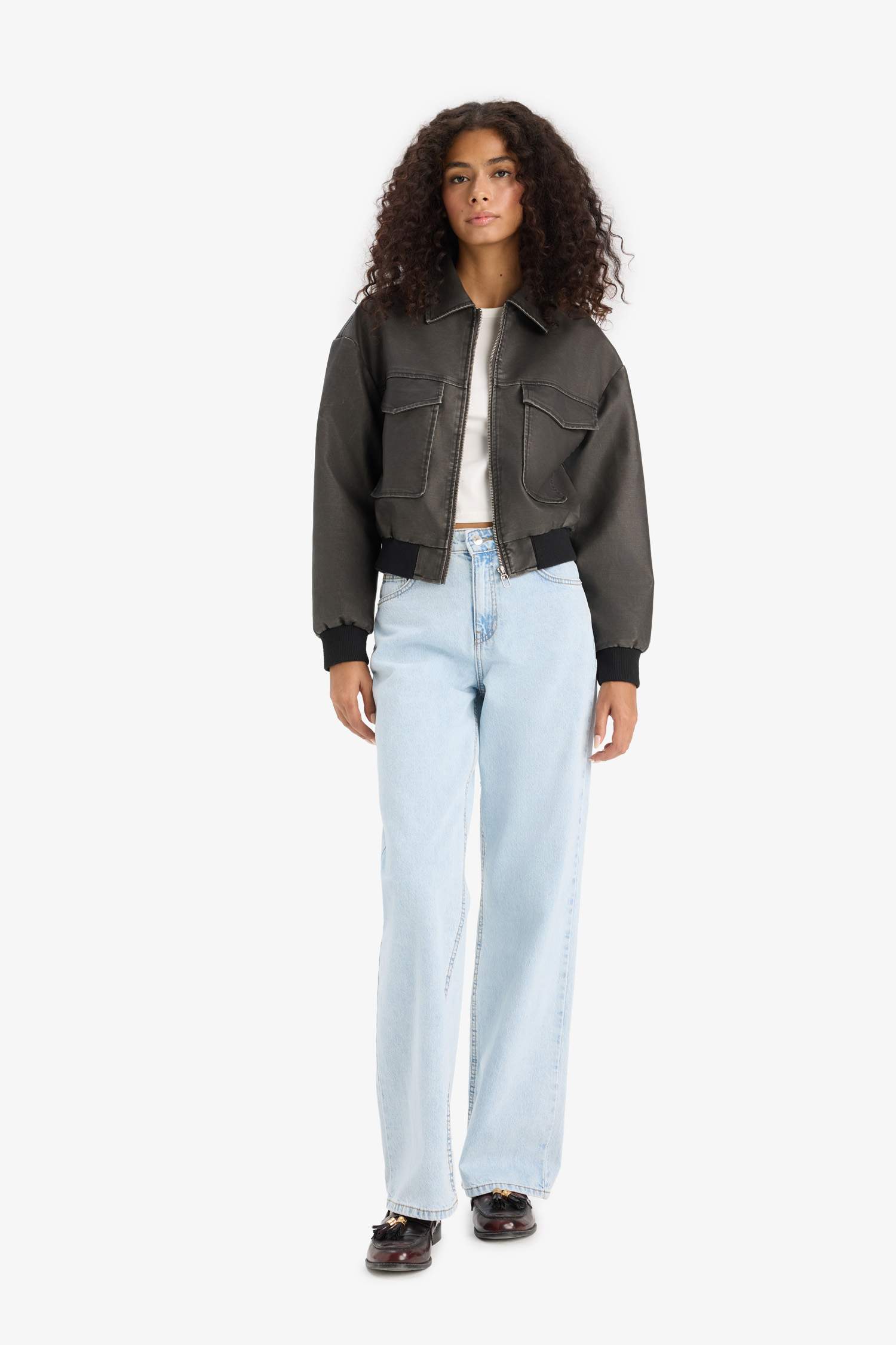 Polo Yaka Fermuarlı Cepli Suni Deri Ceket Mont