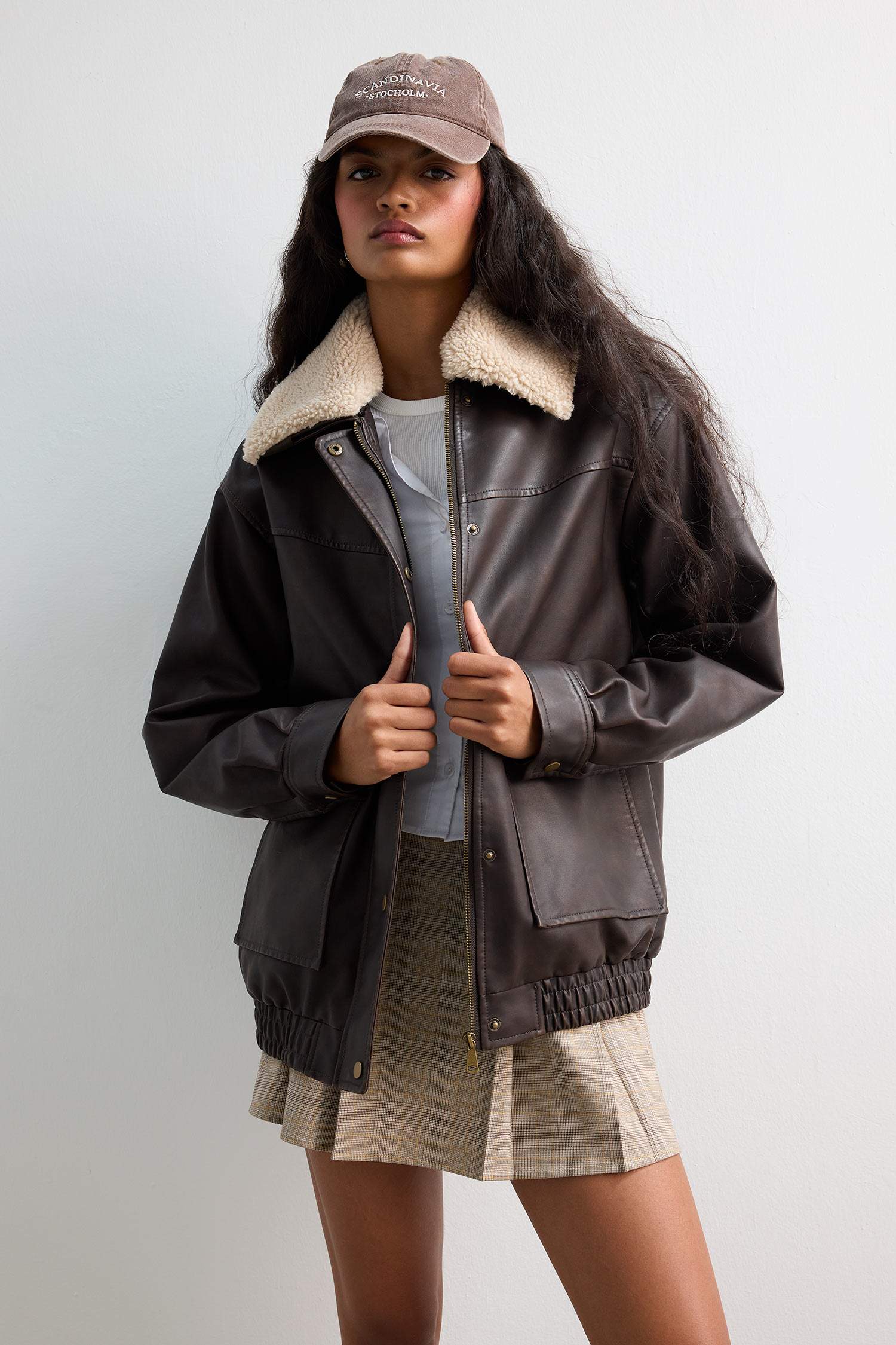 Çıkarılabilir Suni Kürk Yaka Dad Fit Polo Yaka Tafta Suni Deri Mont