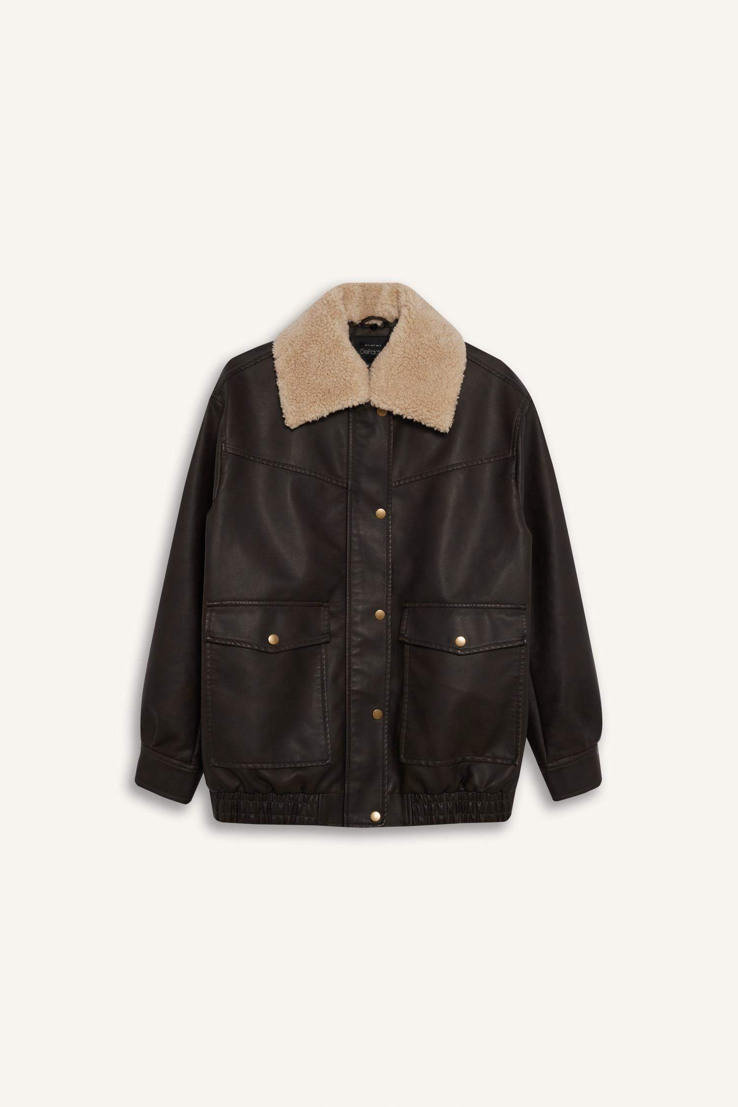 Çıkarılabilir Suni Kürk Yaka Dad Fit Polo Yaka Tafta Suni Deri Mont