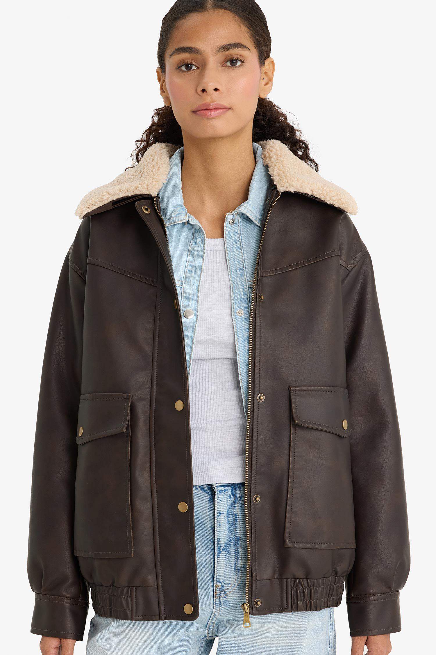 Çıkarılabilir Suni Kürk Yaka Dad Fit Polo Yaka Tafta Suni Deri Mont