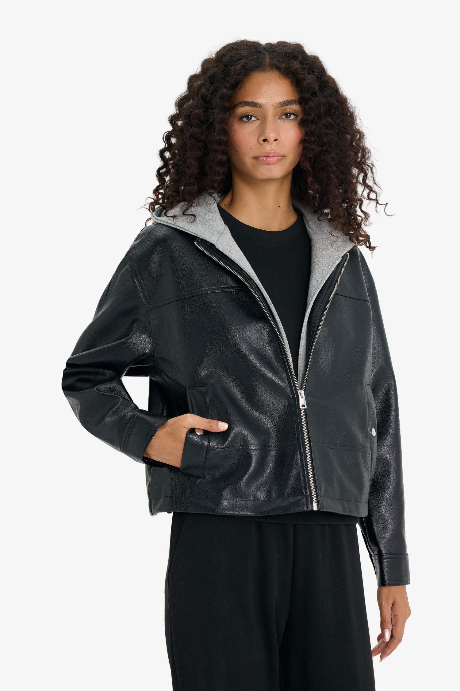 Relax Fit Çıkarılabilir Kapüşonlu Fermuarlı Suni Deri Mont