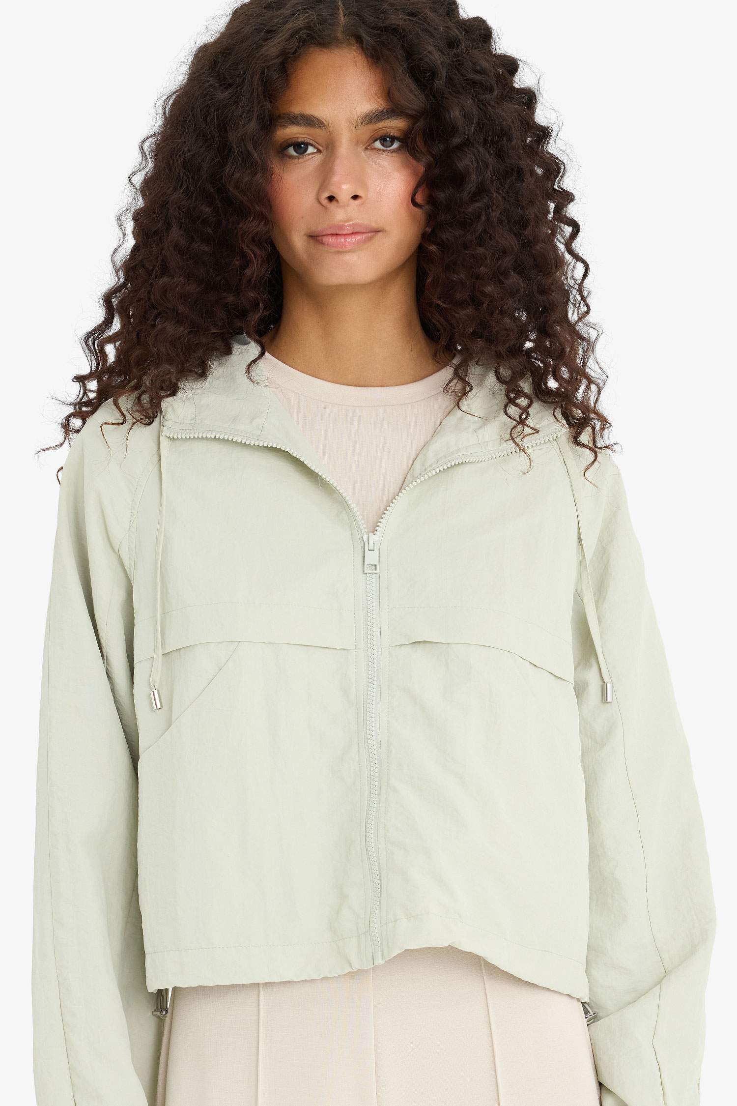 Regular Fit Hooded Zippered Crop Raincoat