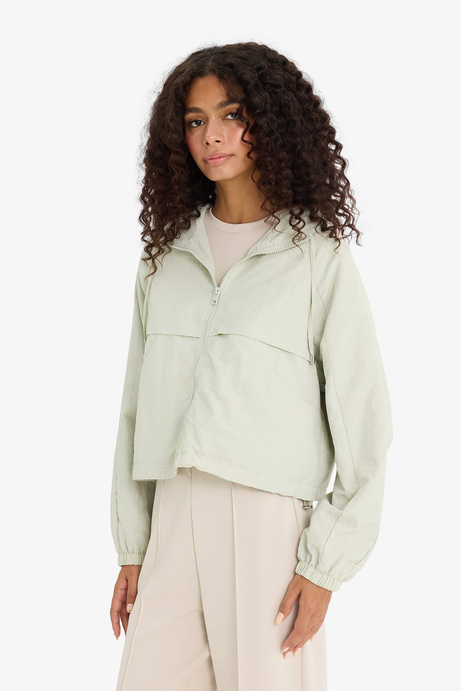 Regular Fit Hooded Zippered Crop Raincoat