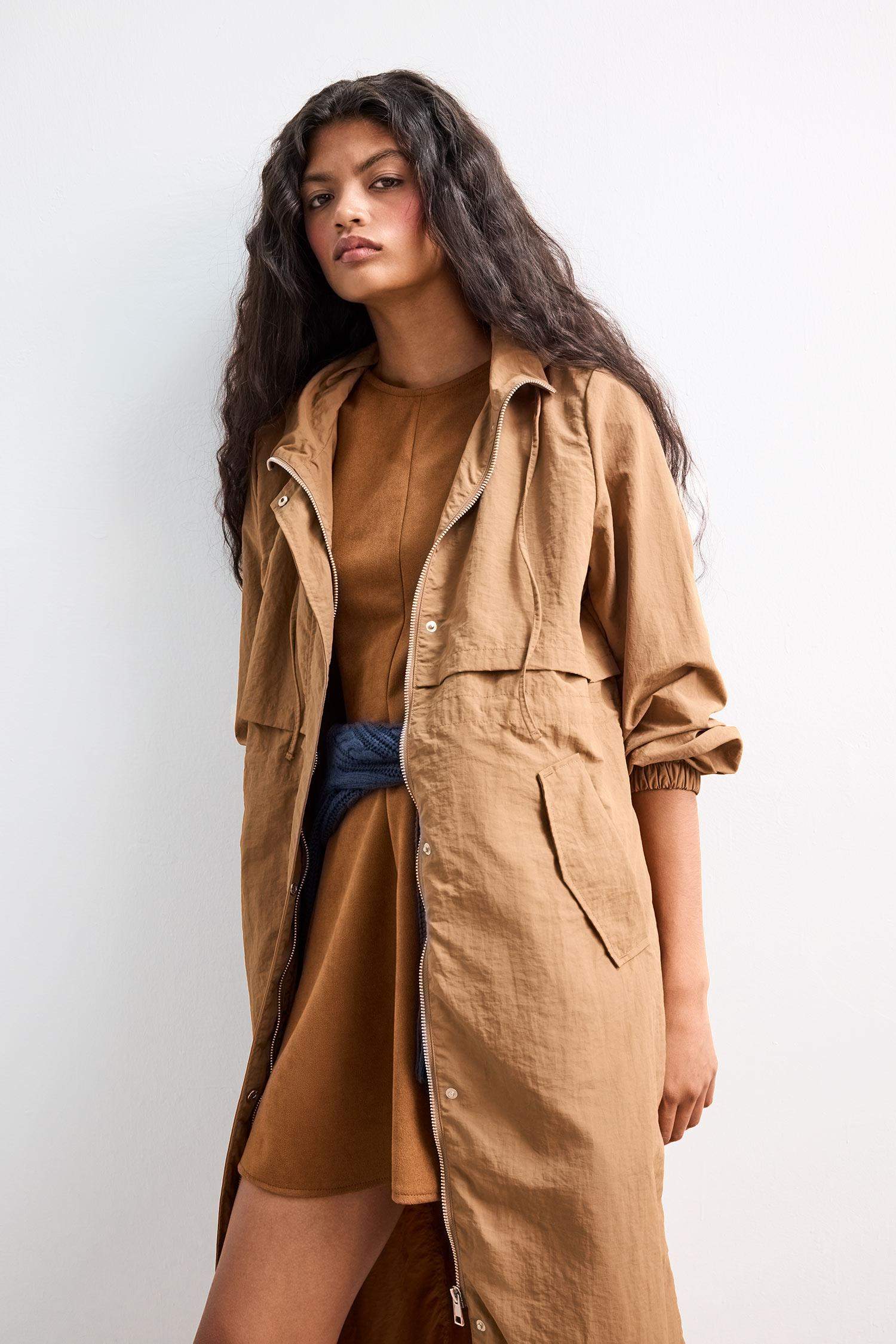 Regular Fit Hooded Zipered Long Raincoat