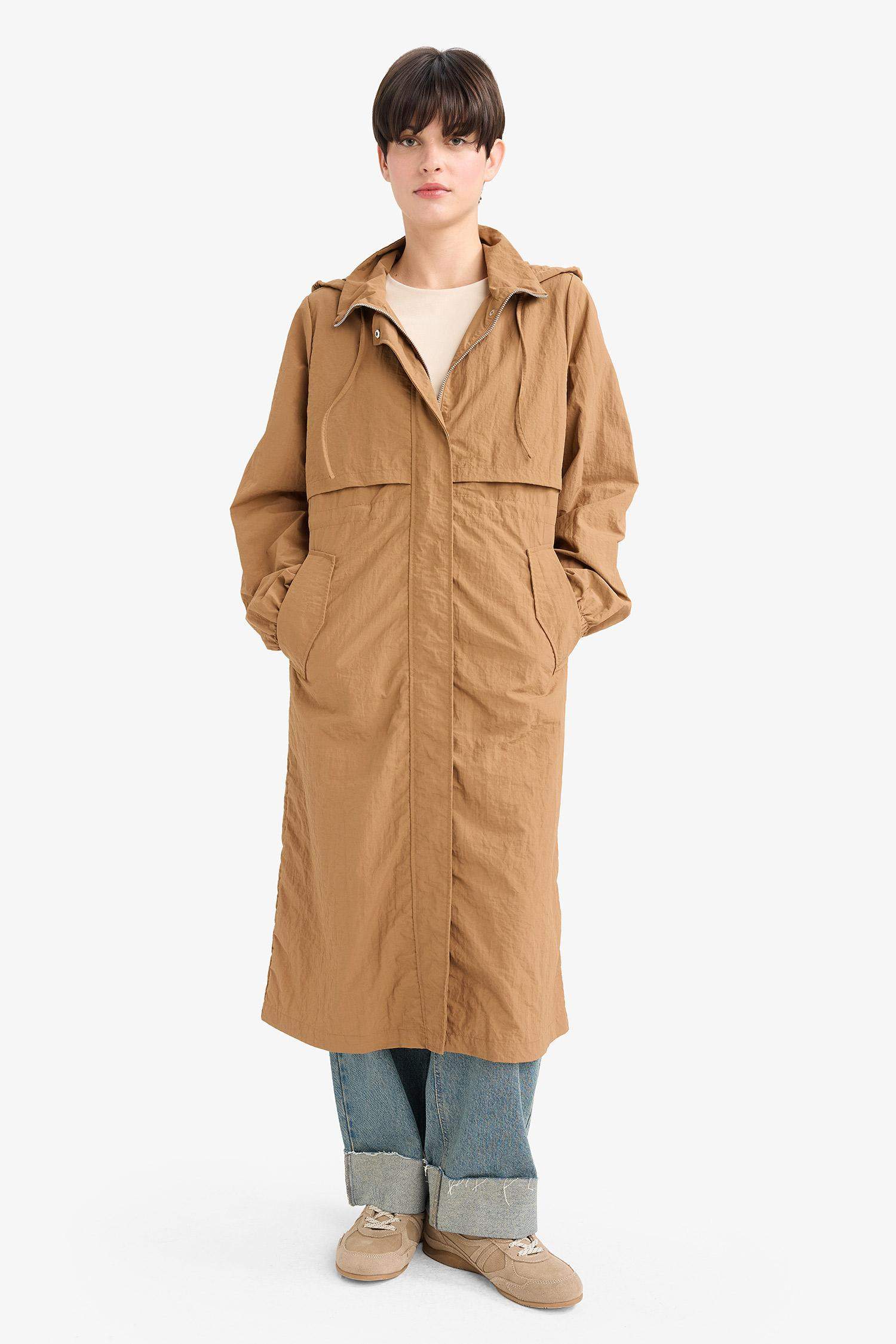 Regular Fit Hooded Zipered Long Raincoat