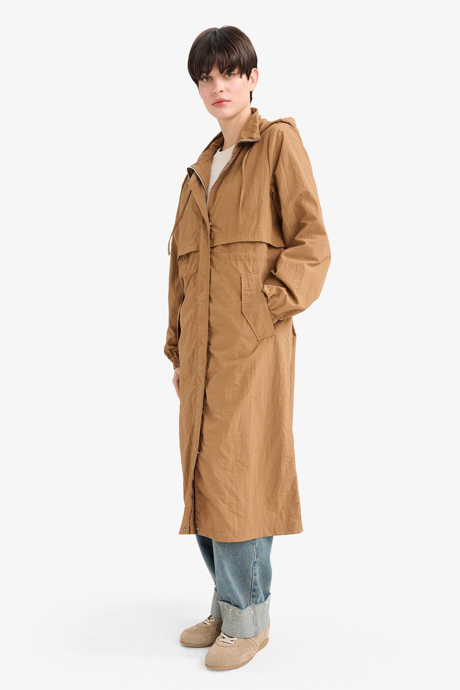 Regular Fit Hooded Zipered Long Raincoat