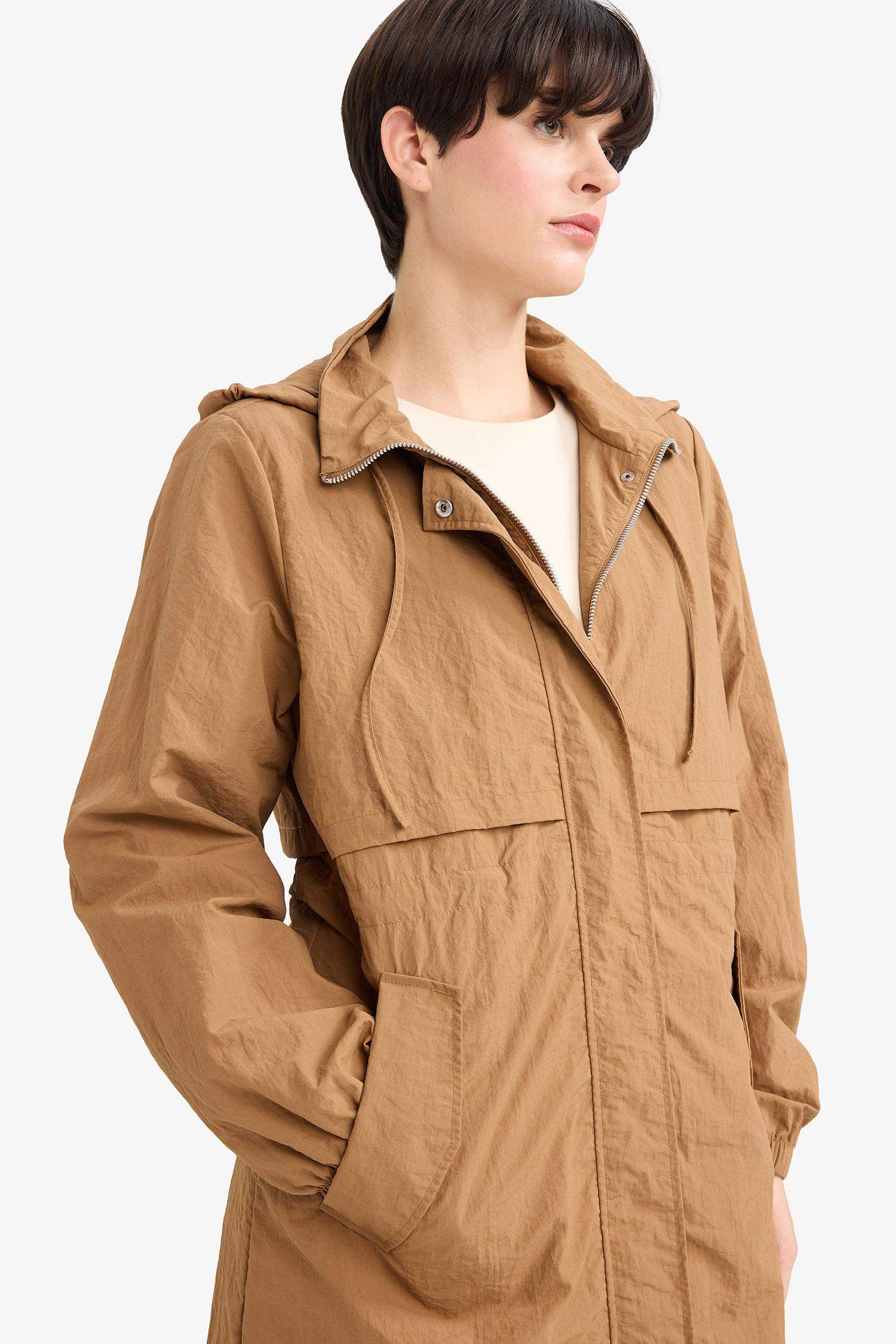 Regular Fit Hooded Zipered Long Raincoat