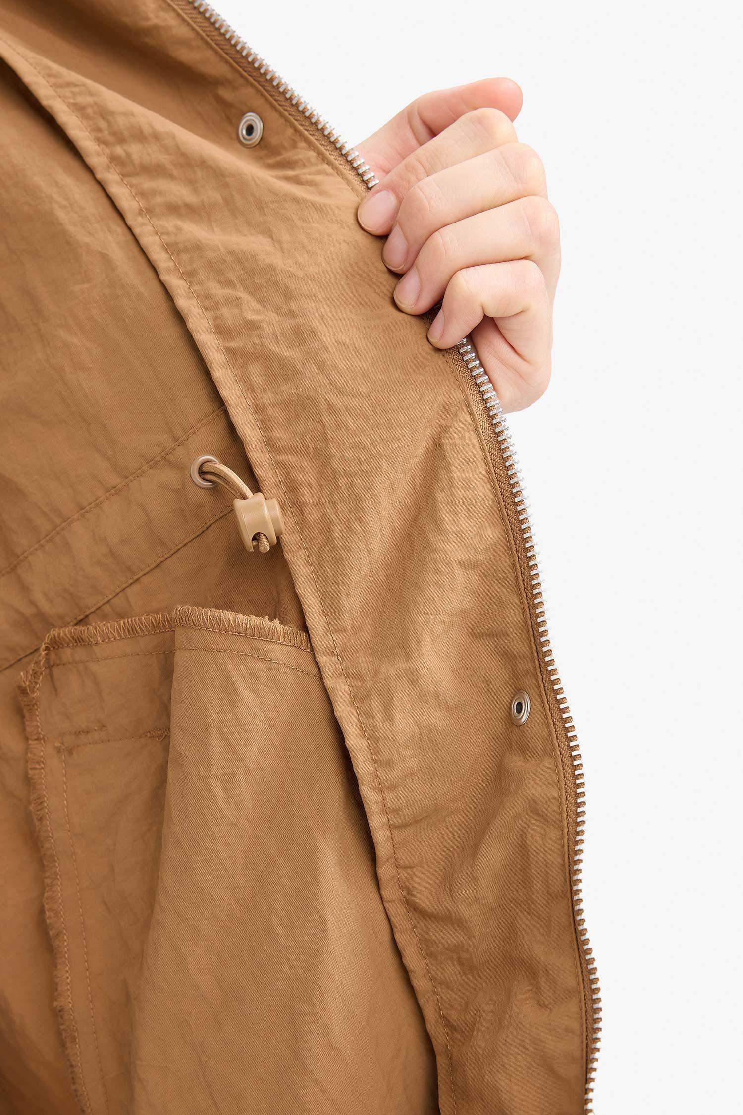 Regular Fit Hooded Zipered Long Raincoat