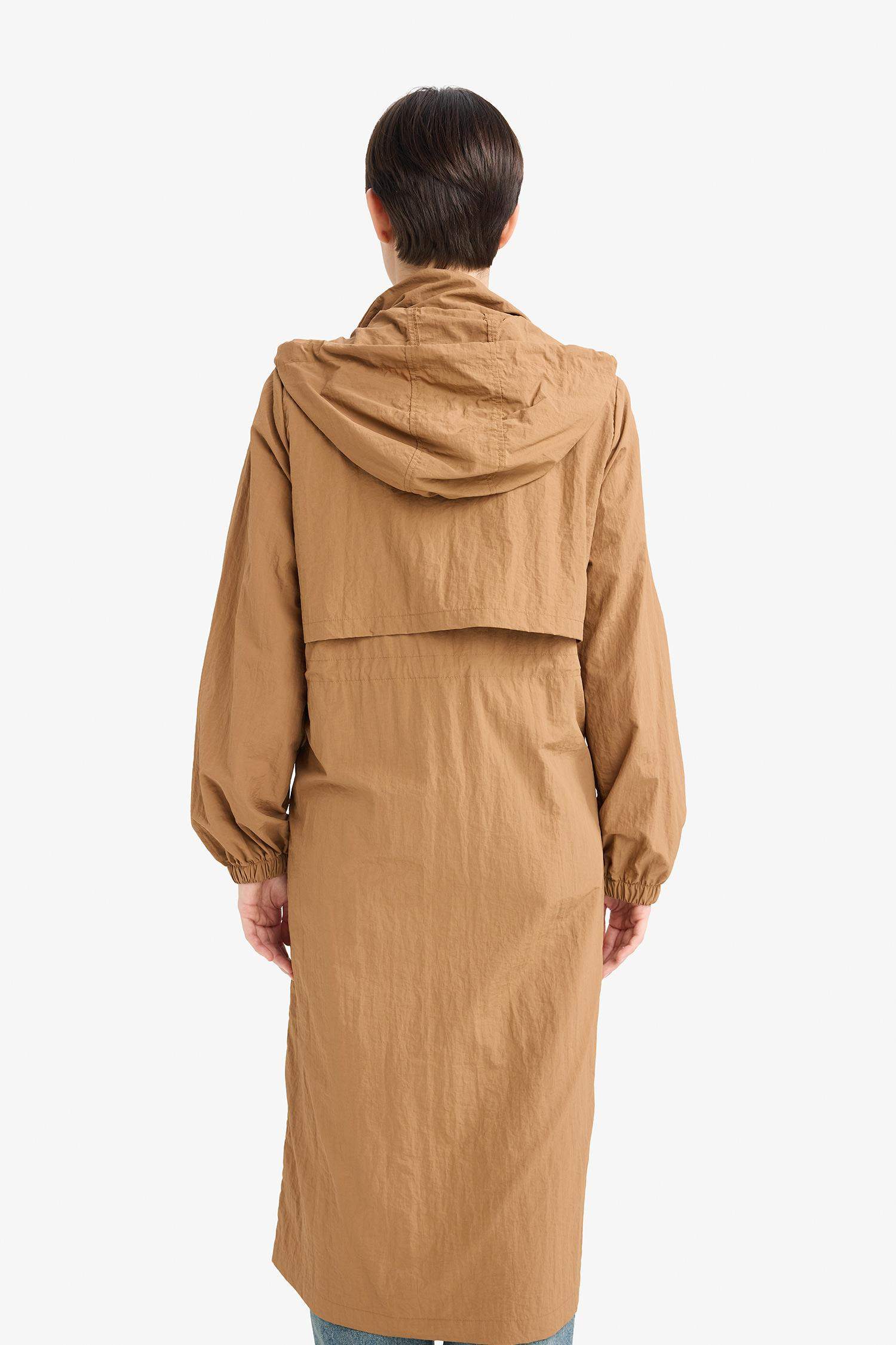 Regular Fit Hooded Zipered Long Raincoat