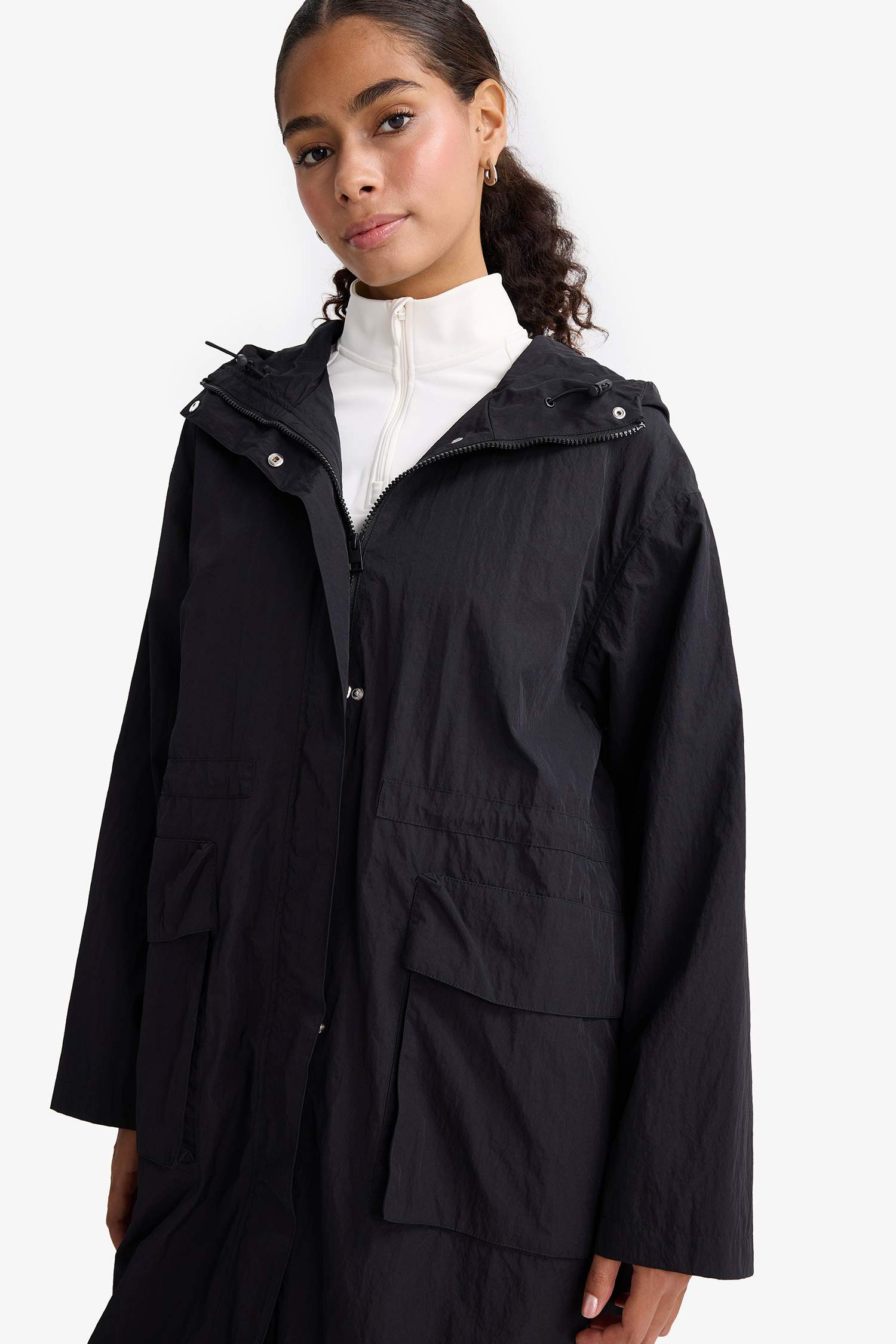 Regular Fit Kapüşonlu Fermuarlı Uzun Yağmurluk