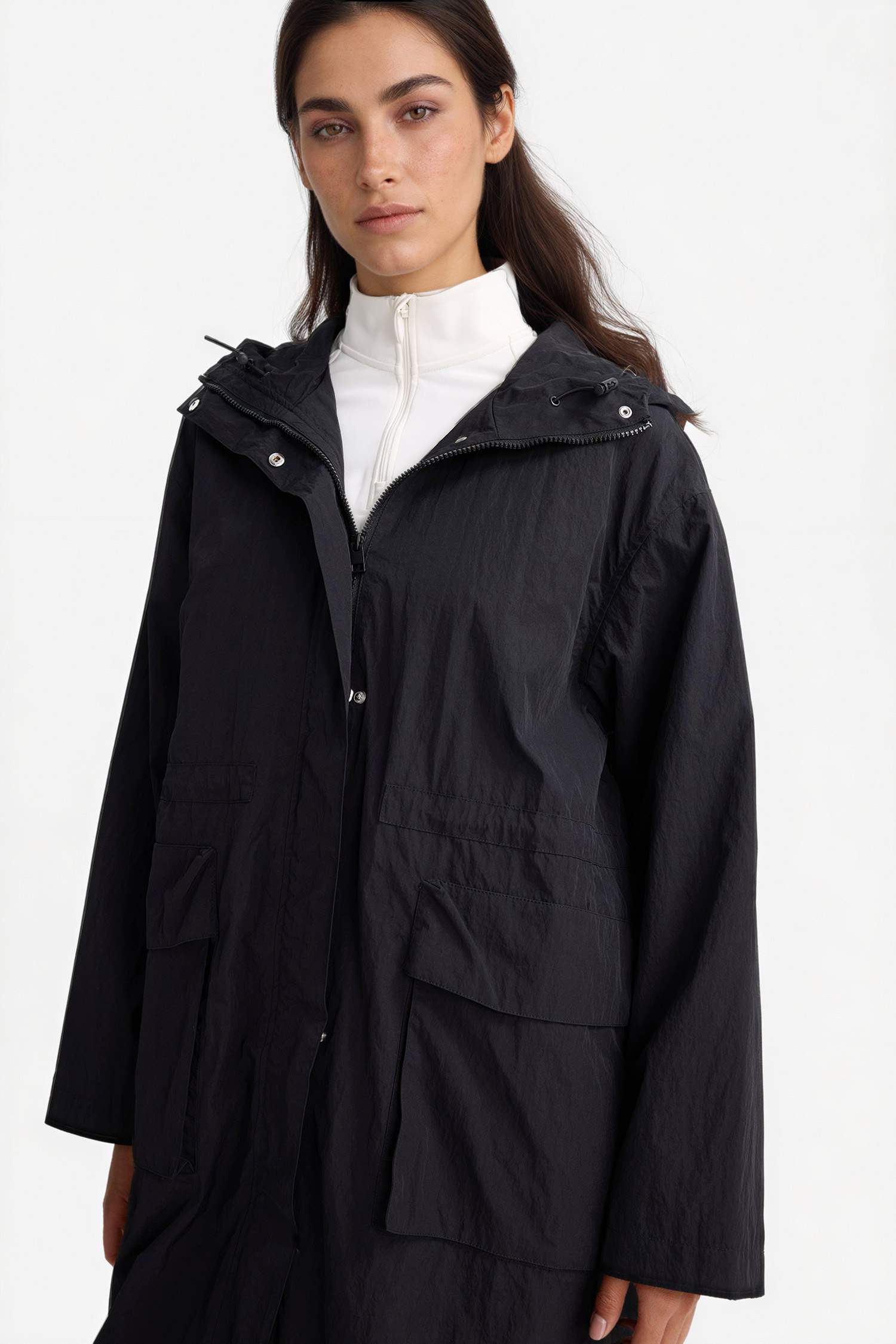 جاكيت مطر طويل قصة عادية بغطاء للرأس