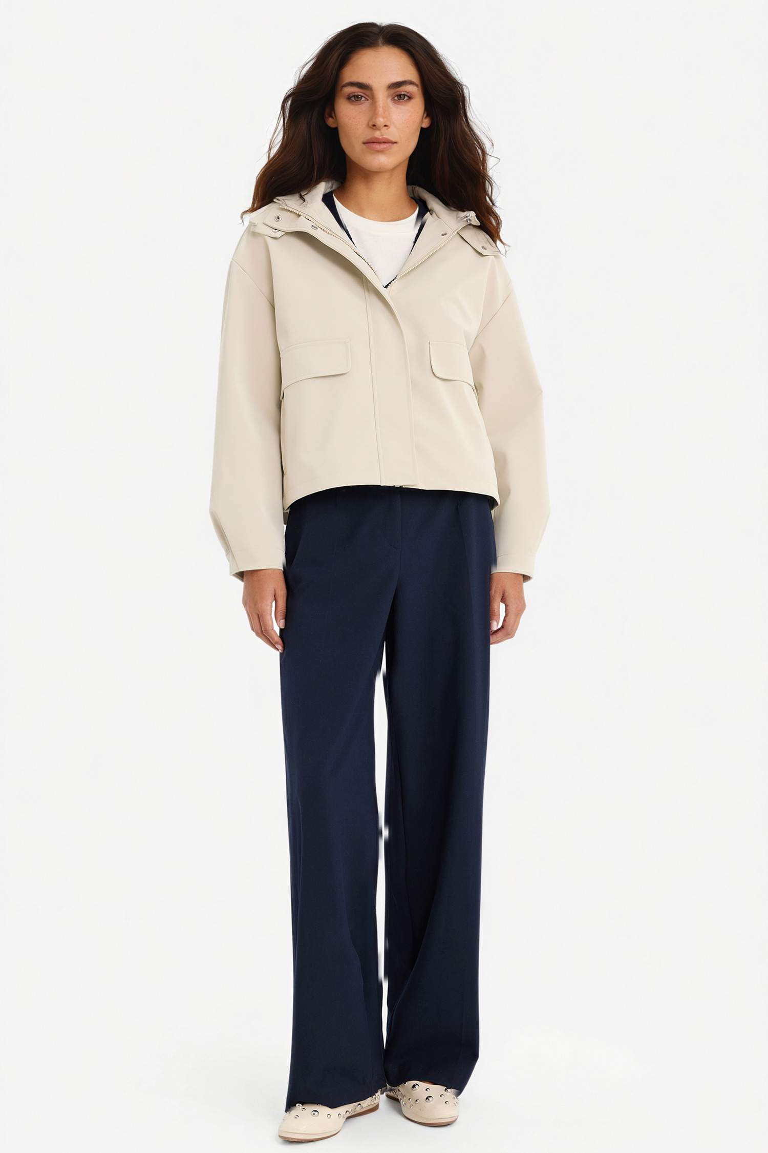 جاكيت مطر جلد صناعي قصة عادية بغطاء للرأس ببطانة صوفية