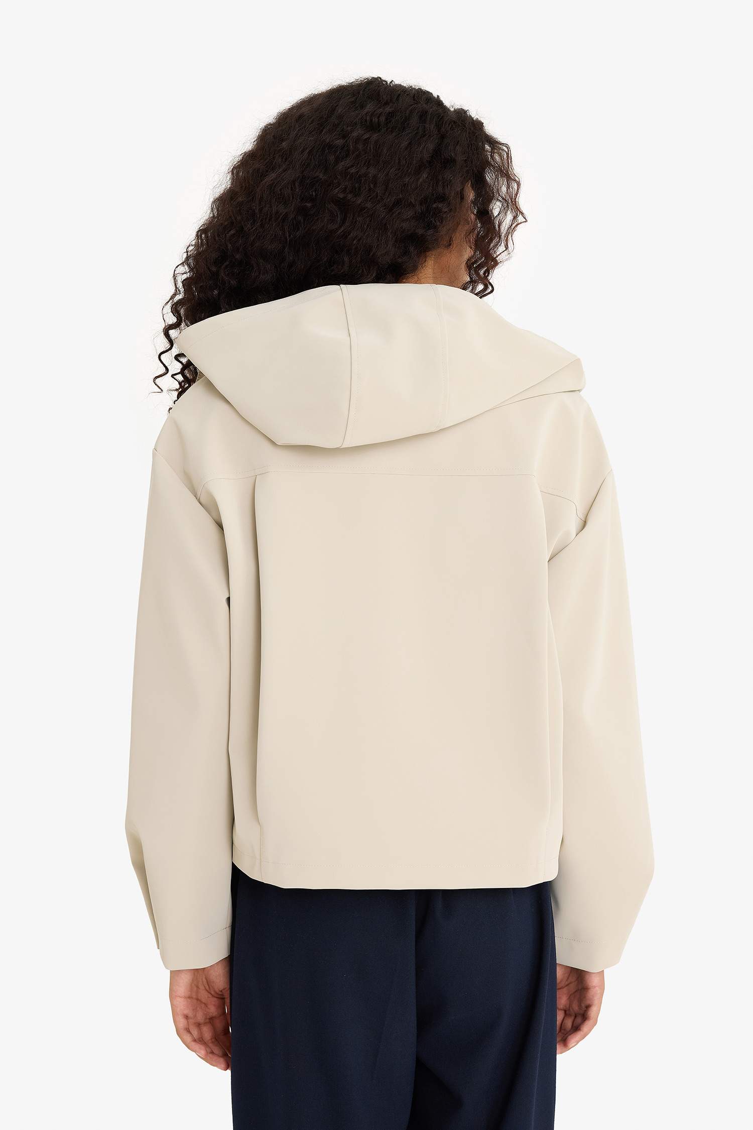 Regular Fit Kapüşonlu Polar Astarlı Suni Deri Yağmurluk