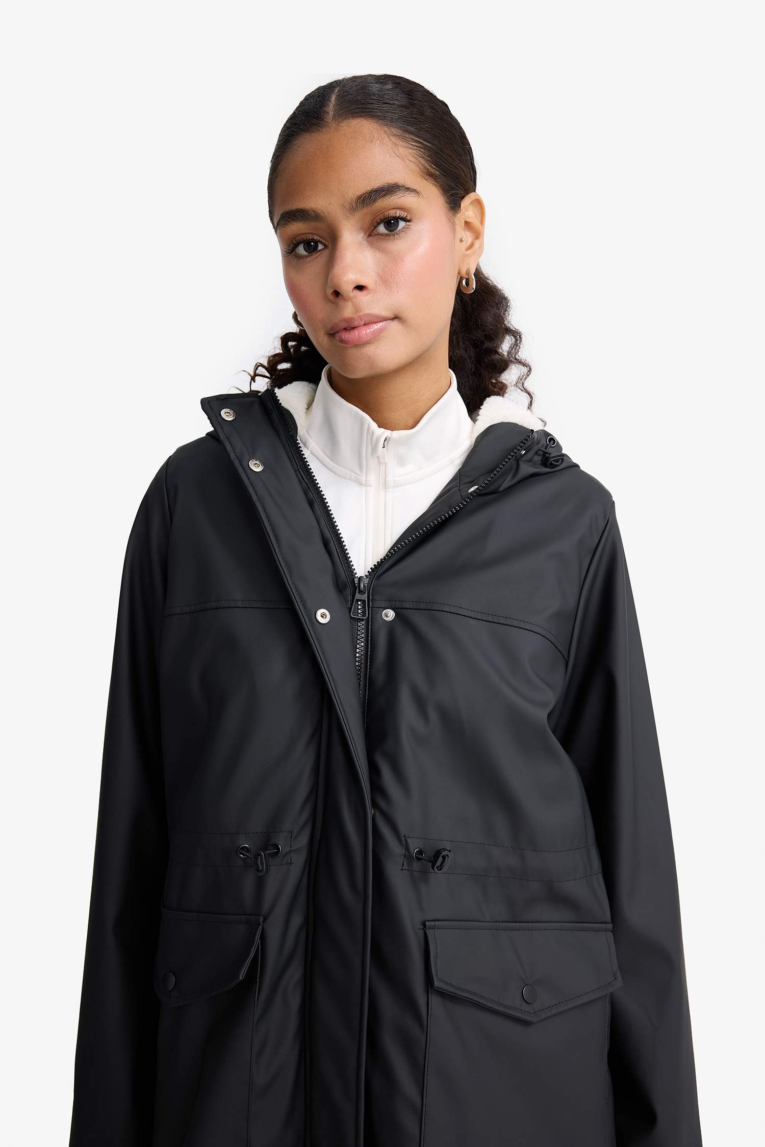 Regular Fit Kapüşonlu Suni Deri Yağmurluk