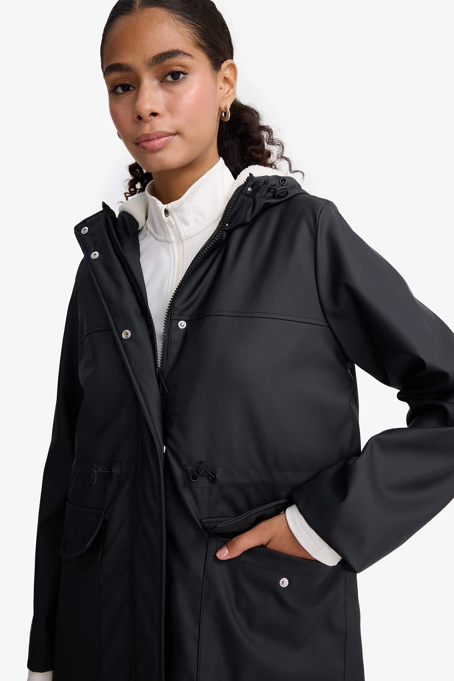 Regular Fit Kapüşonlu Suni Deri Yağmurluk