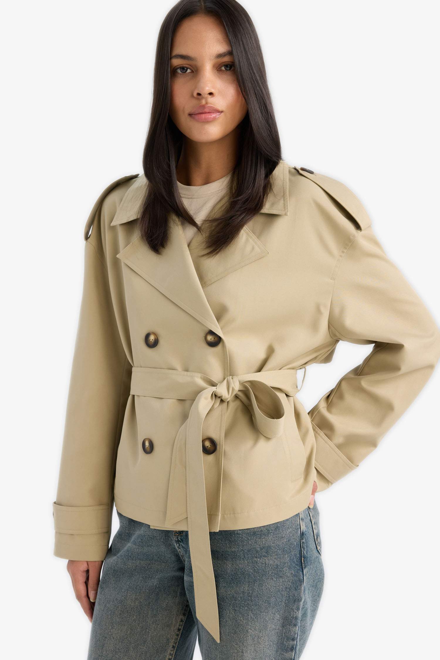 Regular Fit Cepli Kemerli Kısa Trençkot