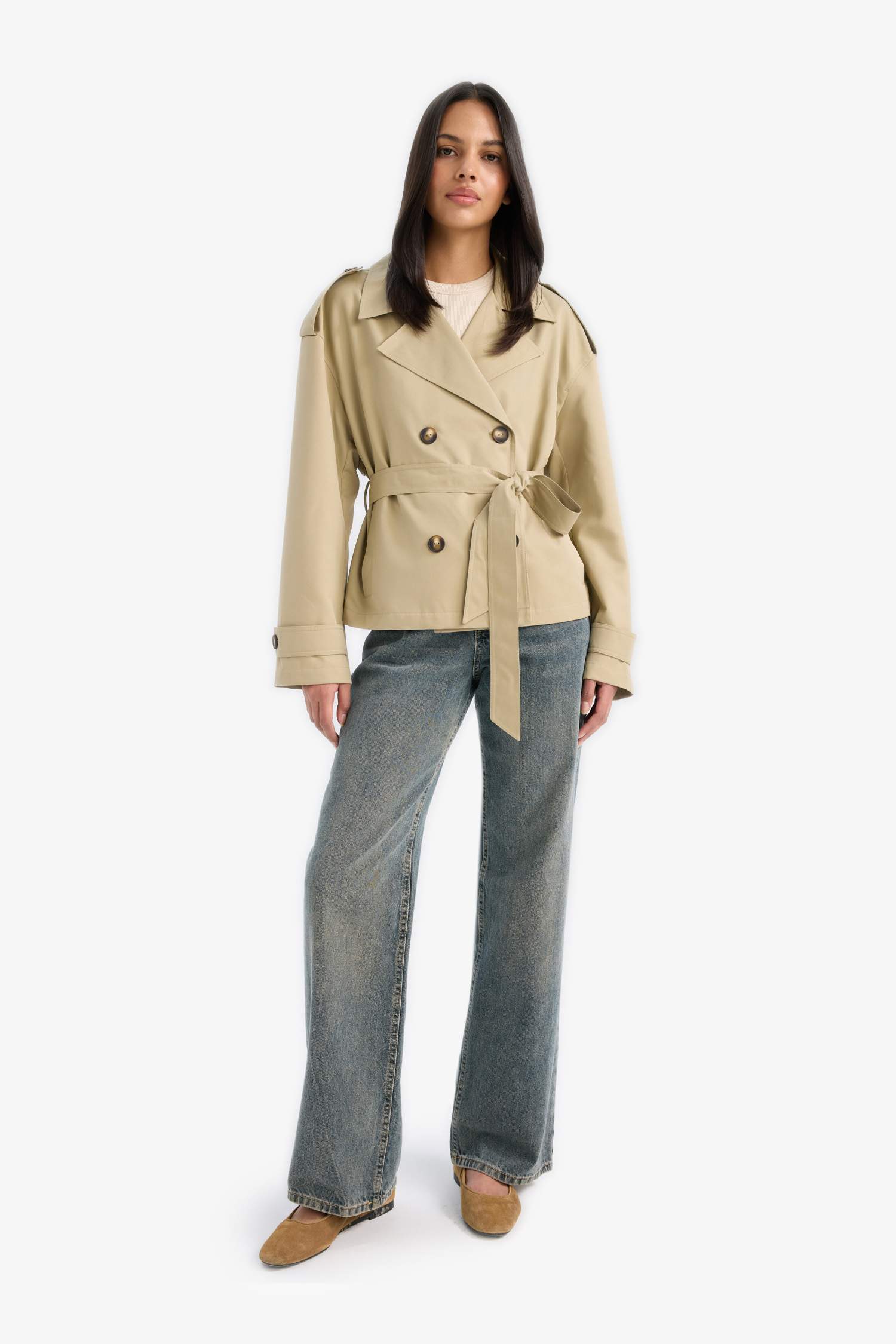 Regular Fit Cepli Kemerli Kısa Trençkot