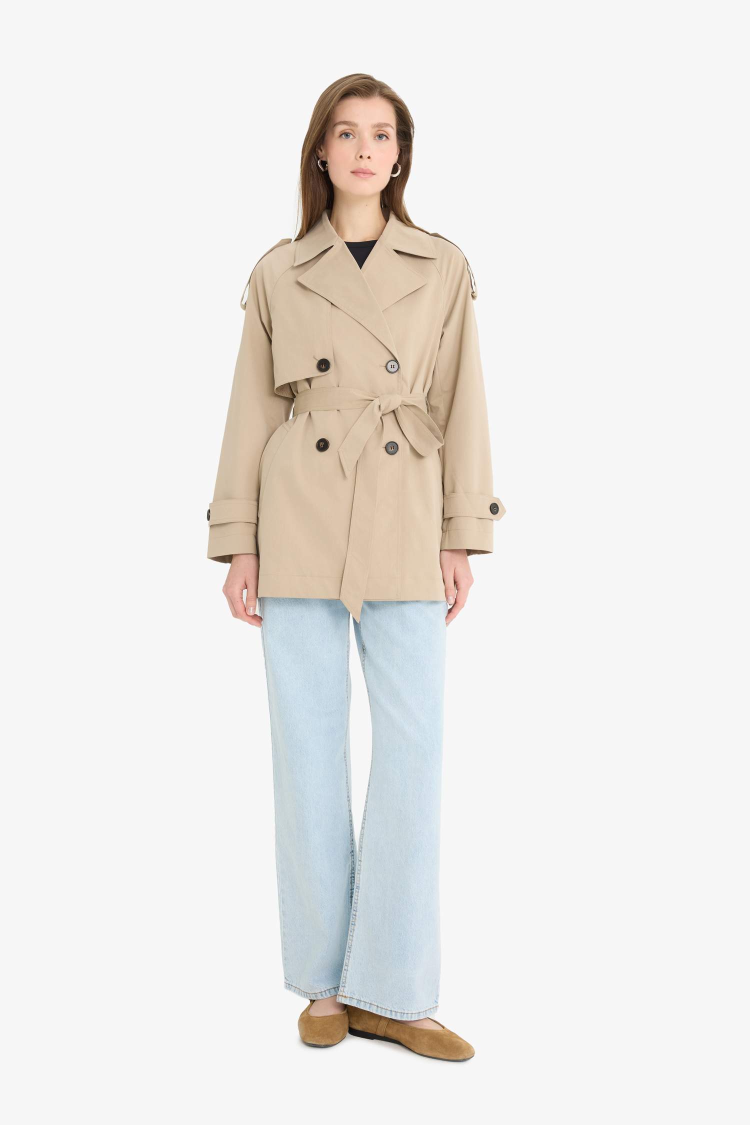 Regular Fit Kemerli Düğmeli Cepli Trençkot