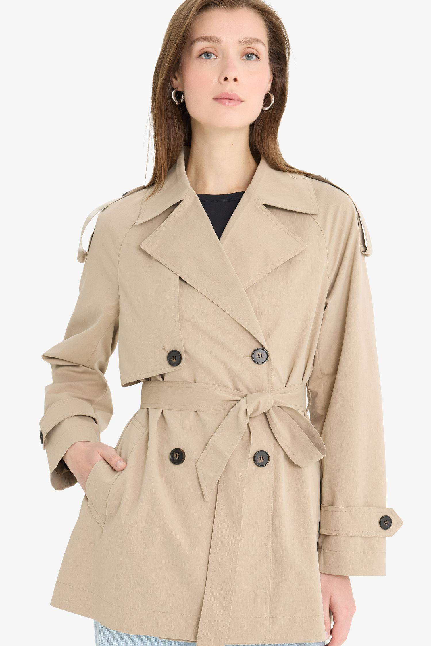 Regular Fit Kemerli Düğmeli Cepli Trençkot