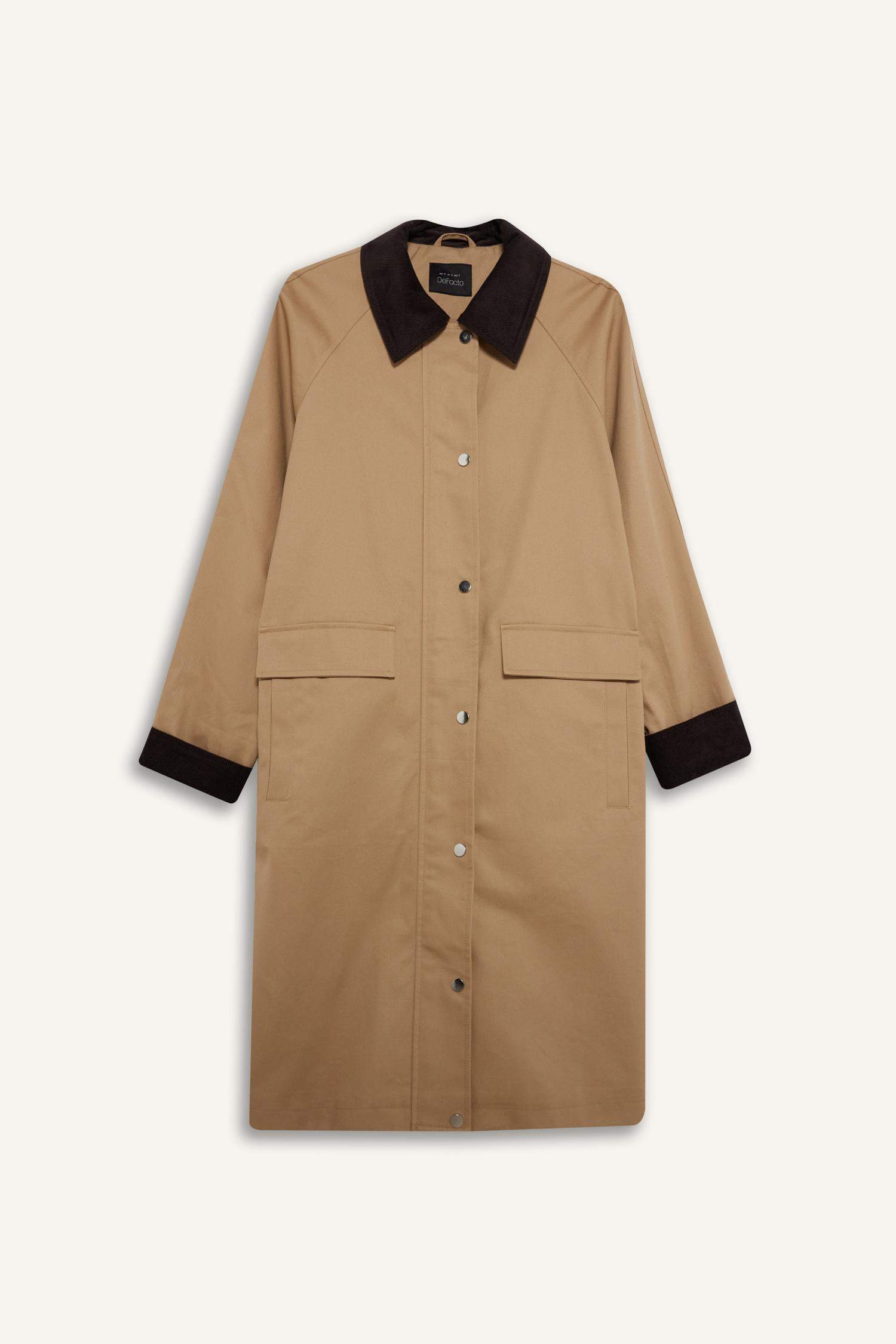 Regular Fit Kontrast Yaka Cepli Çıtçıtlı Pamuklu Trençkot