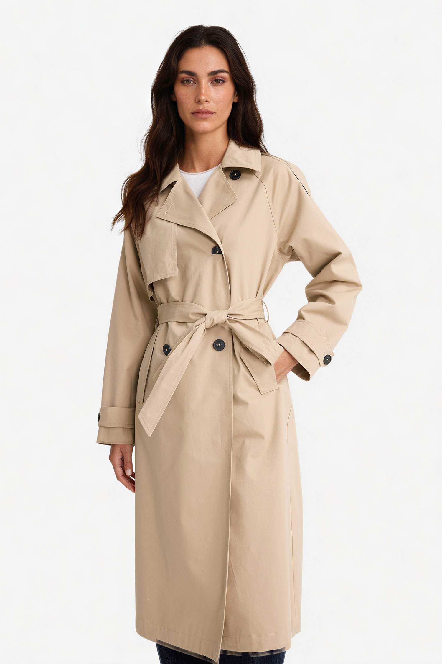 معطف ترانش كوت طويل قطن بحزام قصة عادية