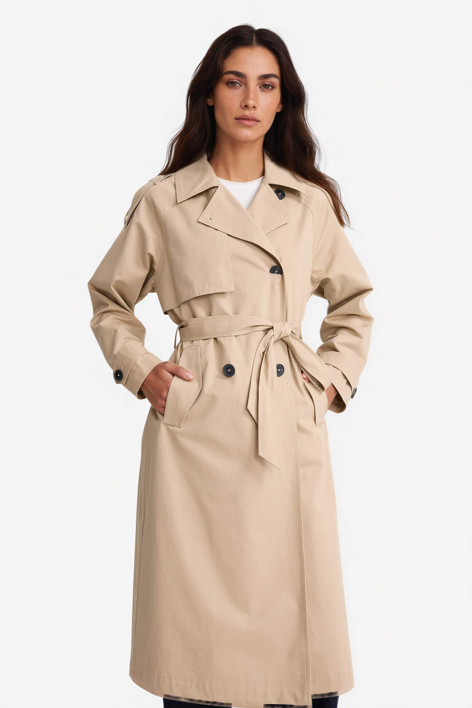 معطف ترانش كوت طويل قطن بحزام قصة عادية