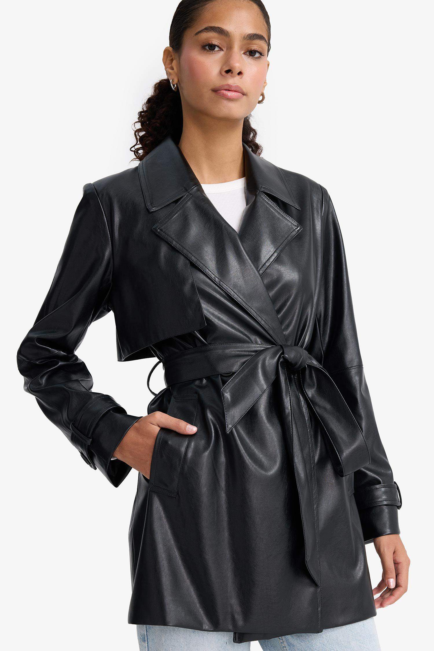 Regular Fit Faux Leather Trenchcoat