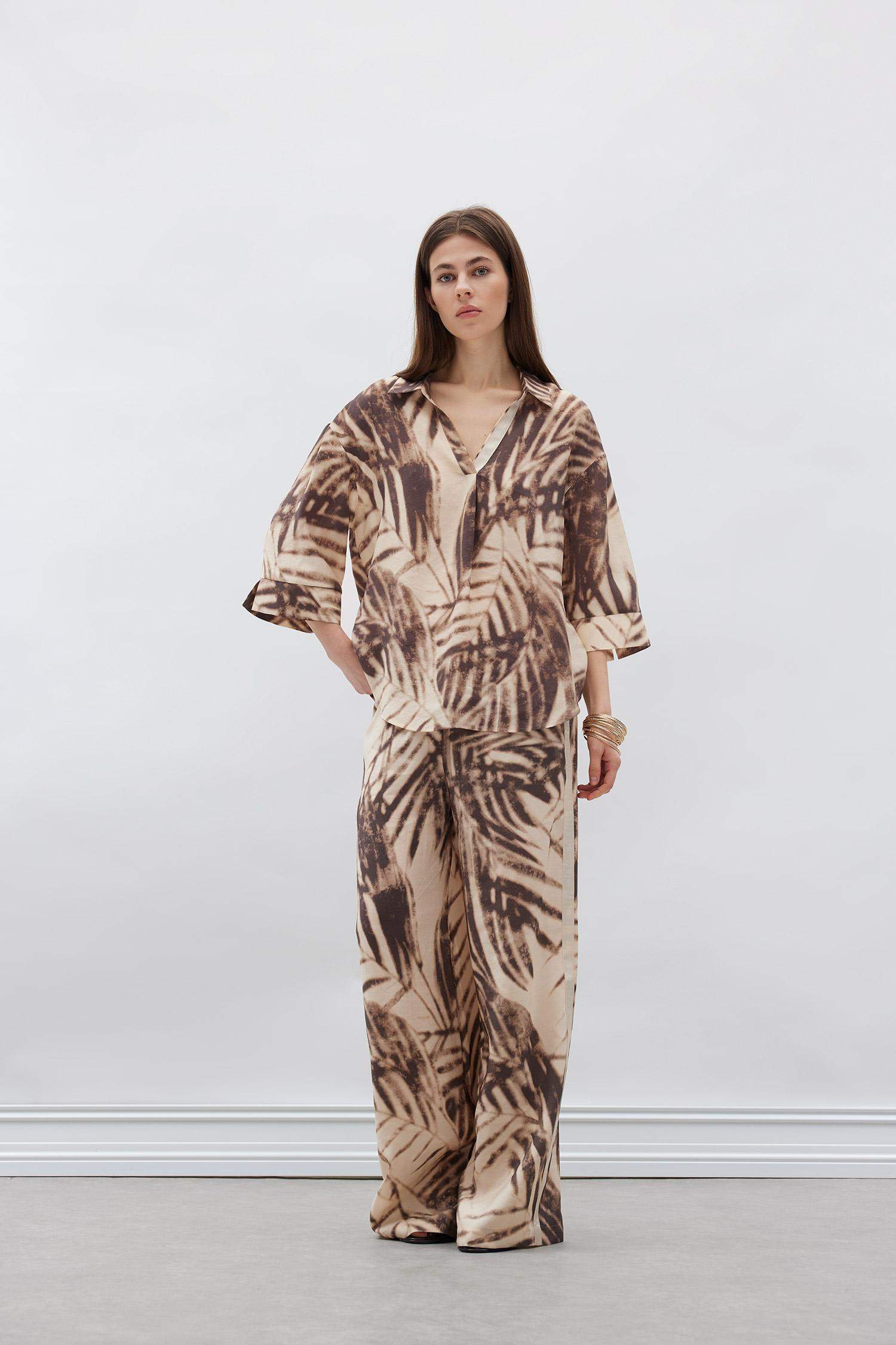 Wide Leg Desenli Modal Kumaş Palazzo Pantolon Yüksek Bel Düz Geniş Paça