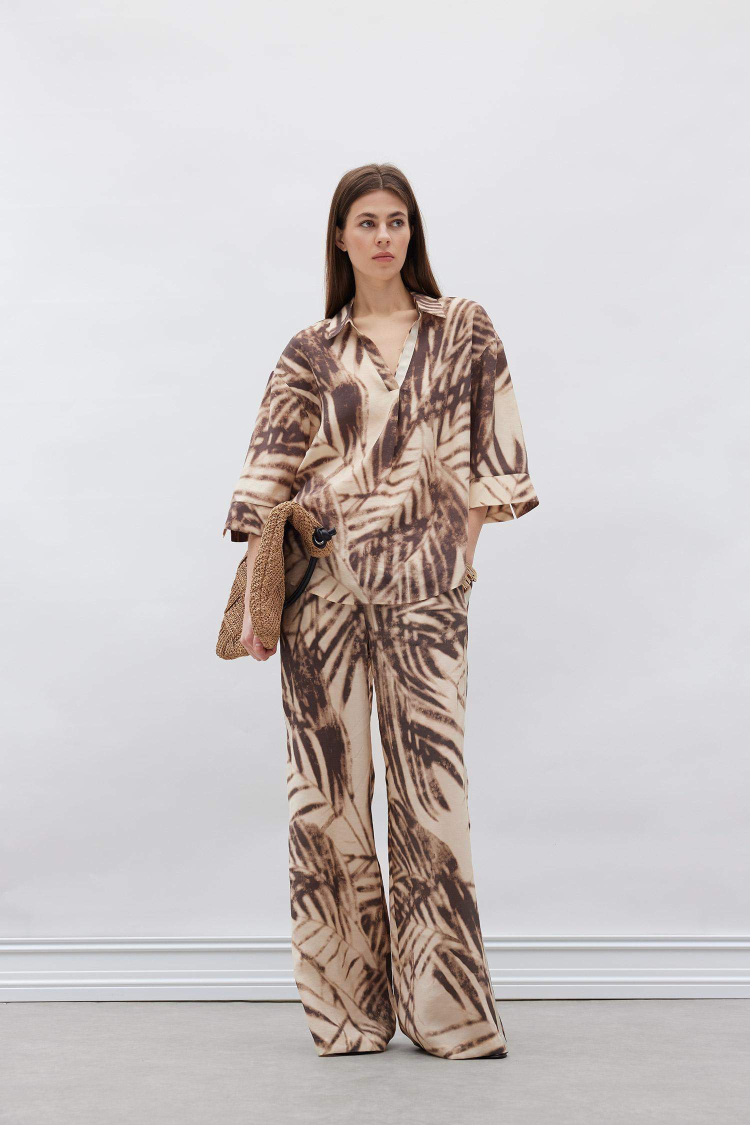 Wide Leg Desenli Modal Kumaş Palazzo Pantolon Yüksek Bel Düz Geniş Paça