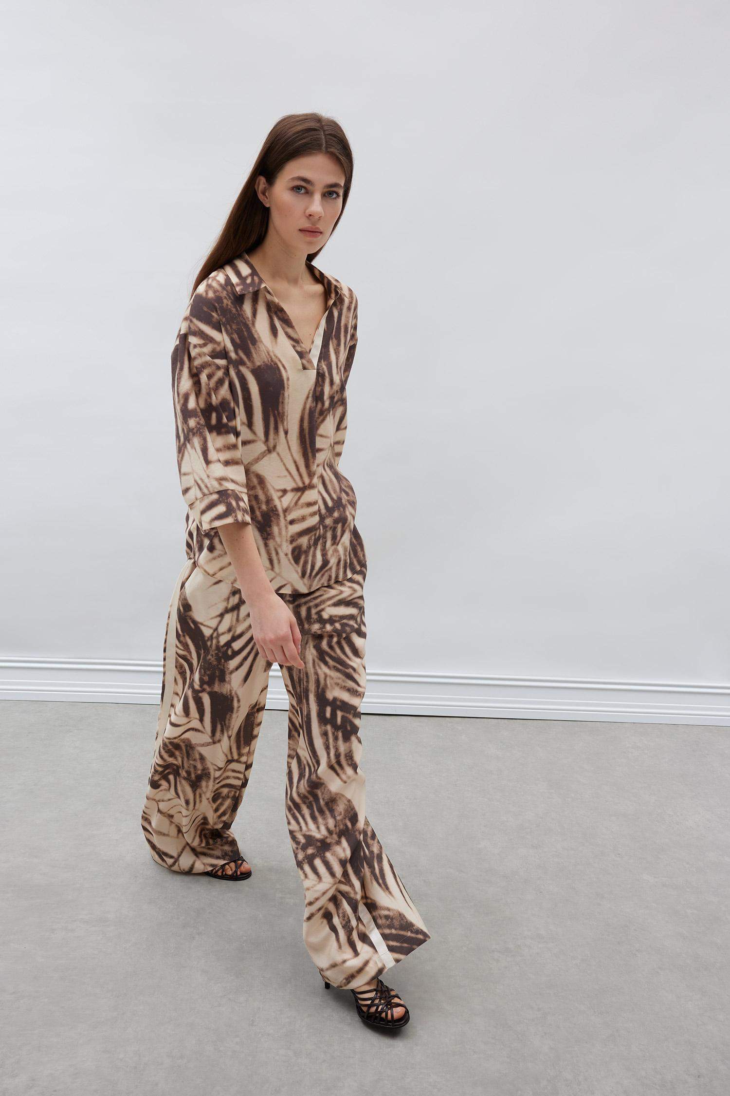 Wide Leg Desenli Modal Kumaş Palazzo Pantolon Yüksek Bel Düz Geniş Paça