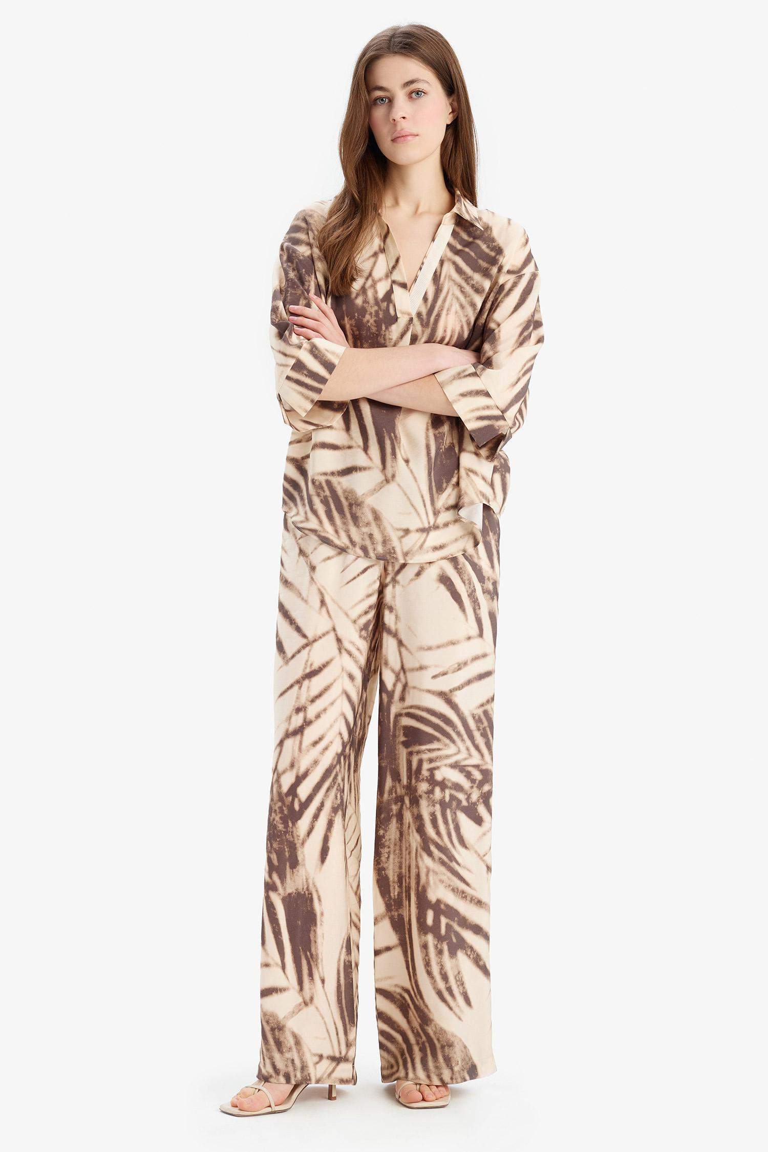 Wide Leg Desenli Modal Kumaş Palazzo Pantolon Yüksek Bel Düz Geniş Paça