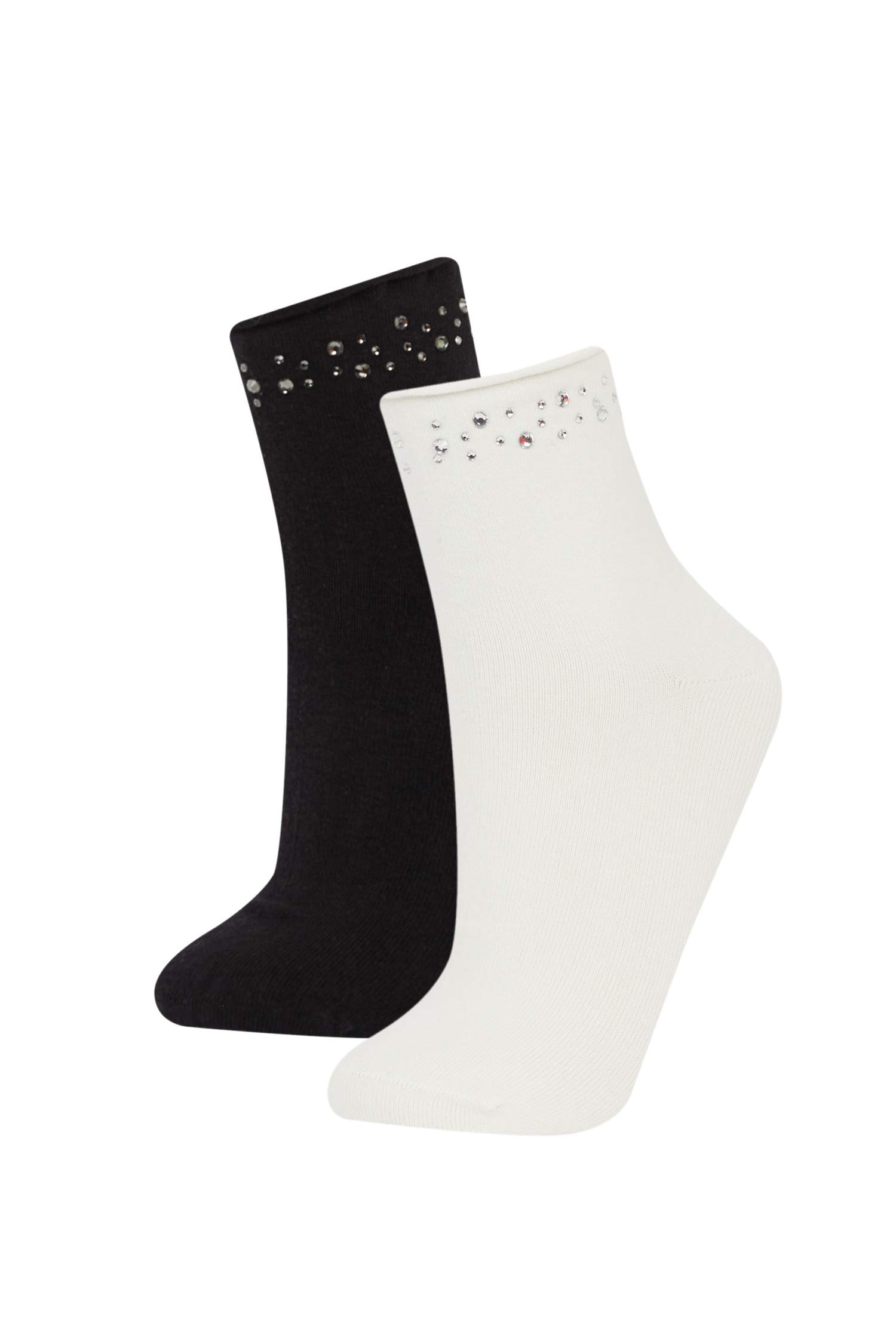 Kadın Dikişsiz Parlak Taş Baskılı 2'li Penye Pamuklu Premium Soket Çorap