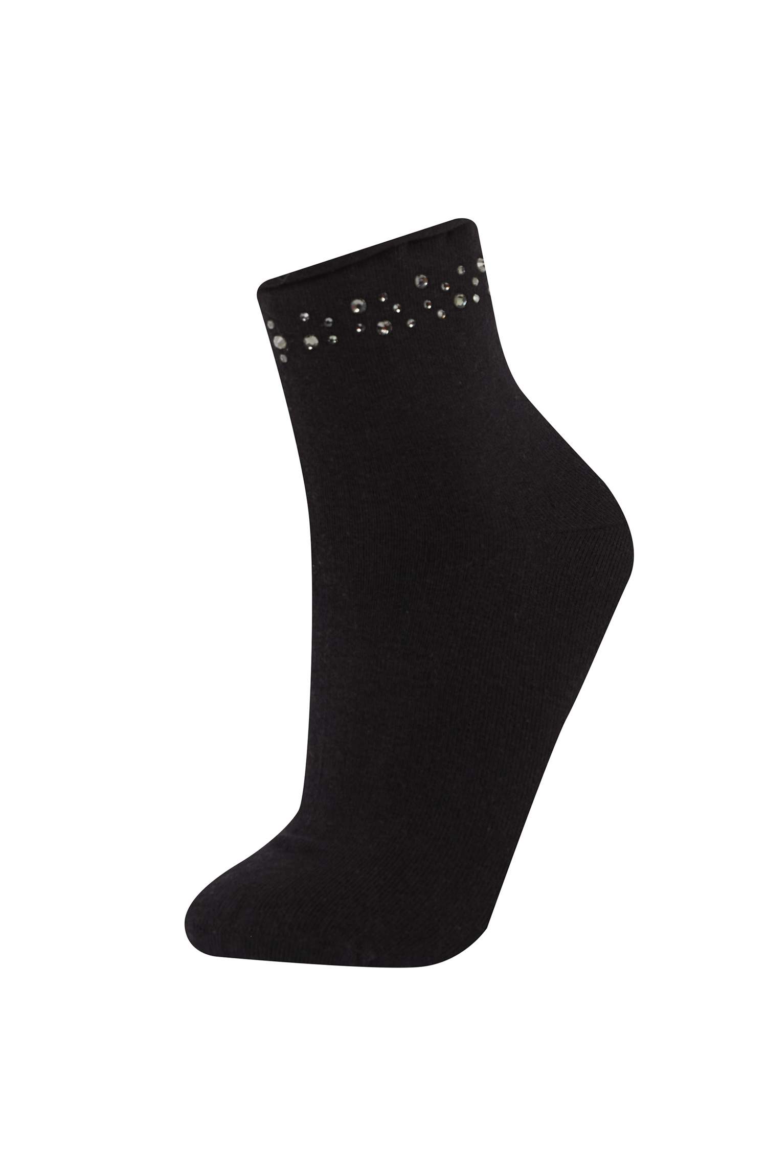 Kadın Dikişsiz Parlak Taş Baskılı 2'li Penye Pamuklu Premium Soket Çorap