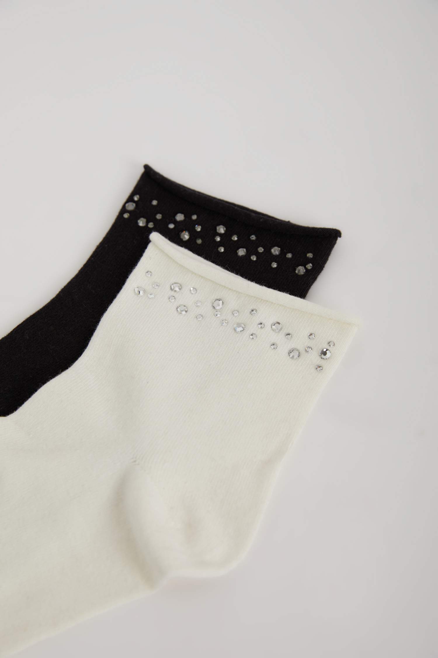 Kadın Dikişsiz Parlak Taş Baskılı 2'li Penye Pamuklu Premium Soket Çorap