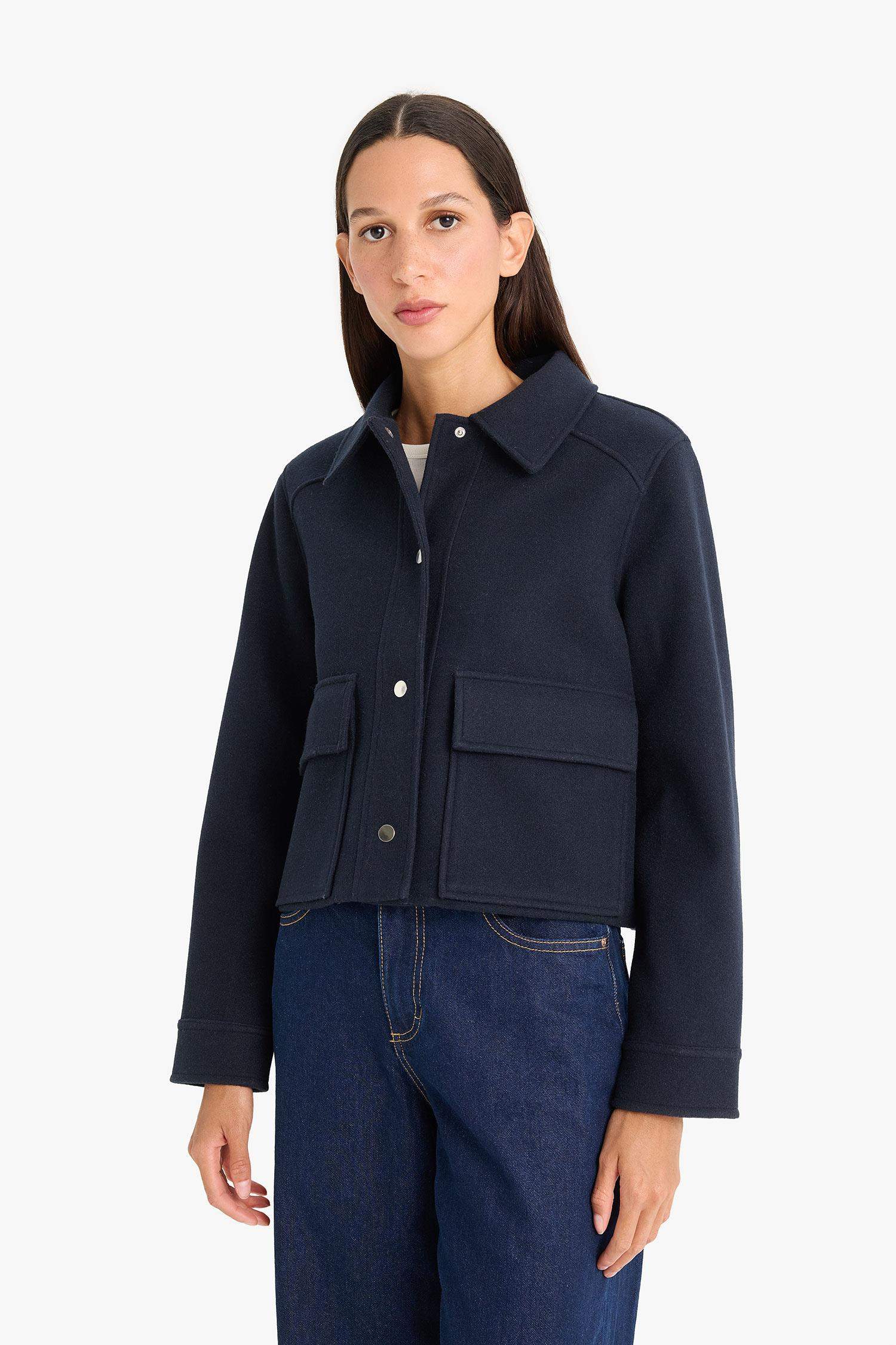 Regular Fit Polo Collar Buttons and Pockets Wool Jacket