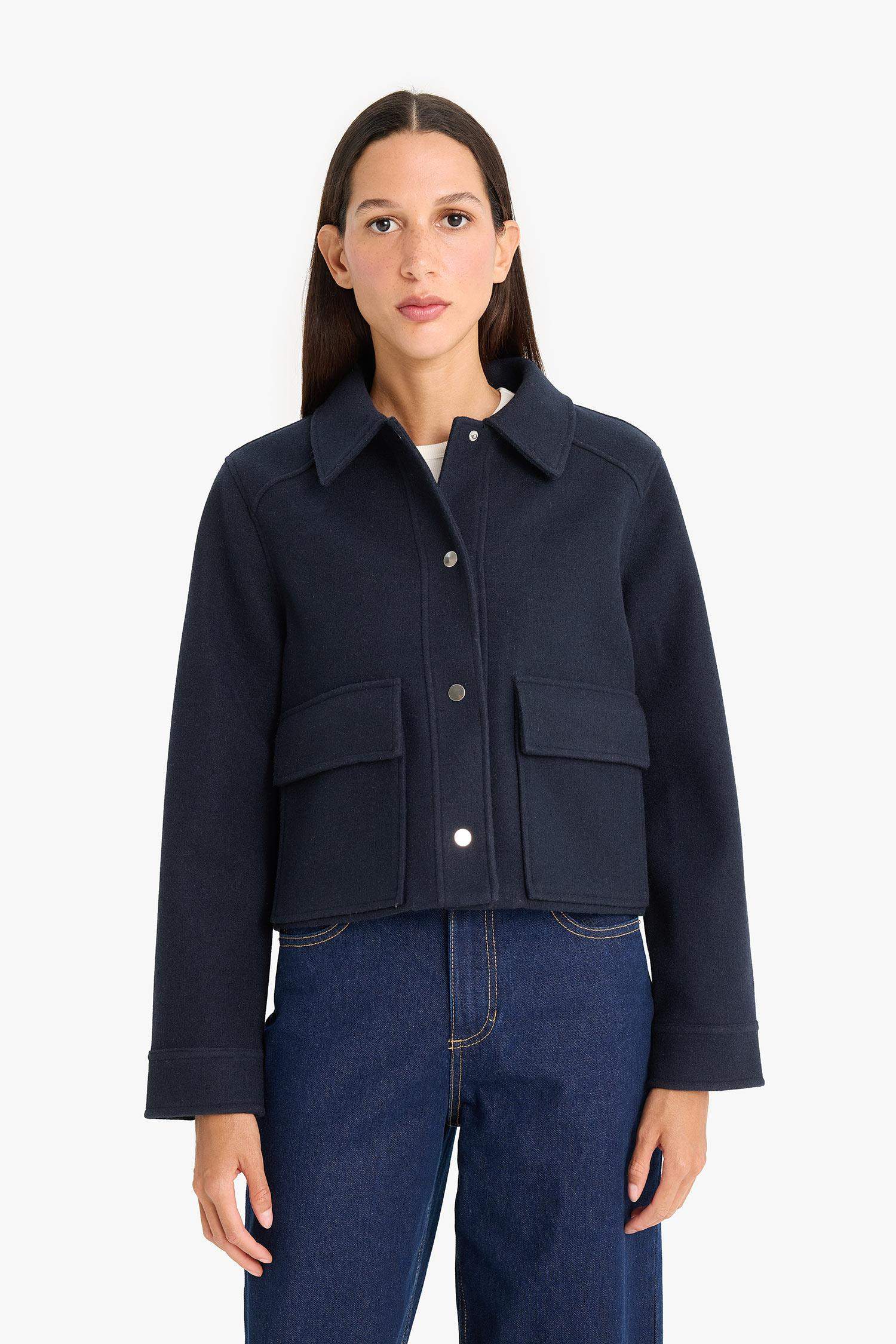 Regular Fit Polo Collar Buttons and Pockets Wool Jacket