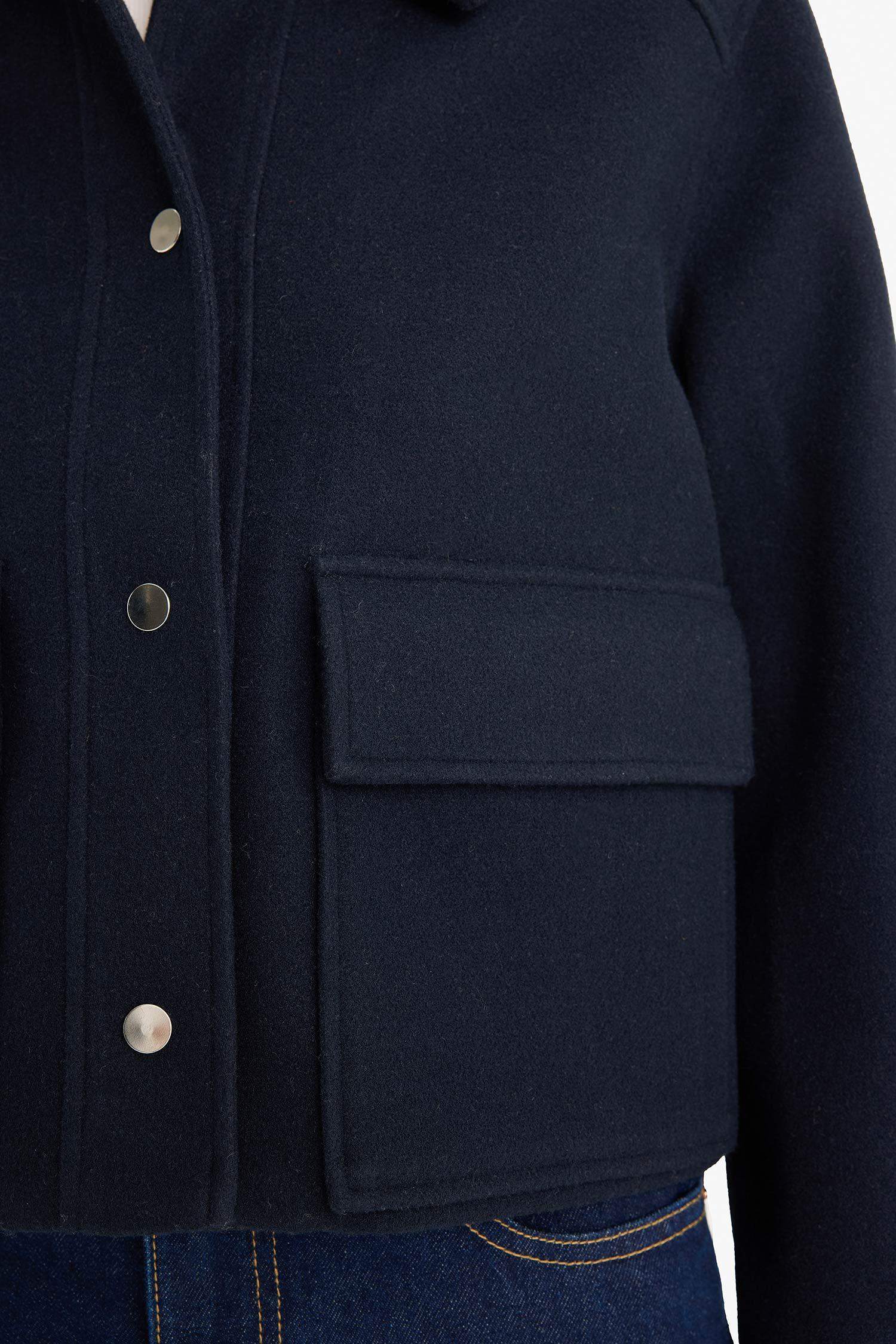 Regular Fit Polo Collar Buttons and Pockets Wool Jacket
