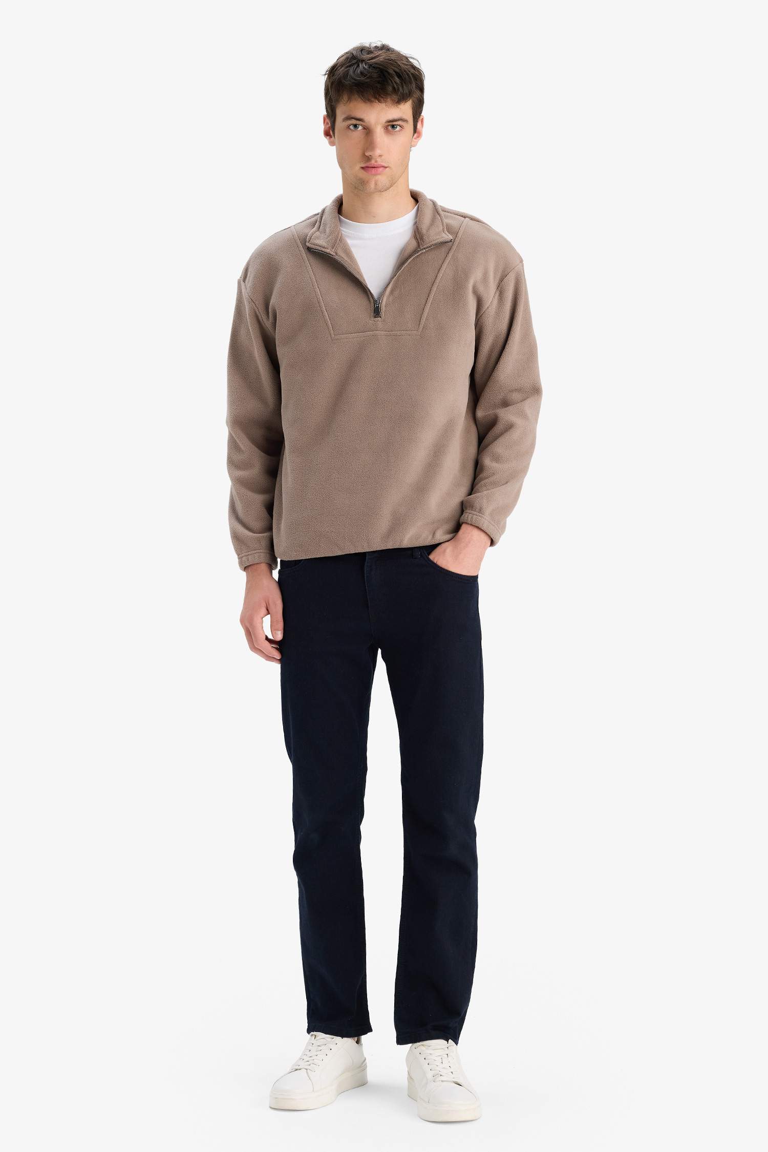 Boxy Fit Dik Yaka Yarım Fermuarlı Polar Sweatshirt