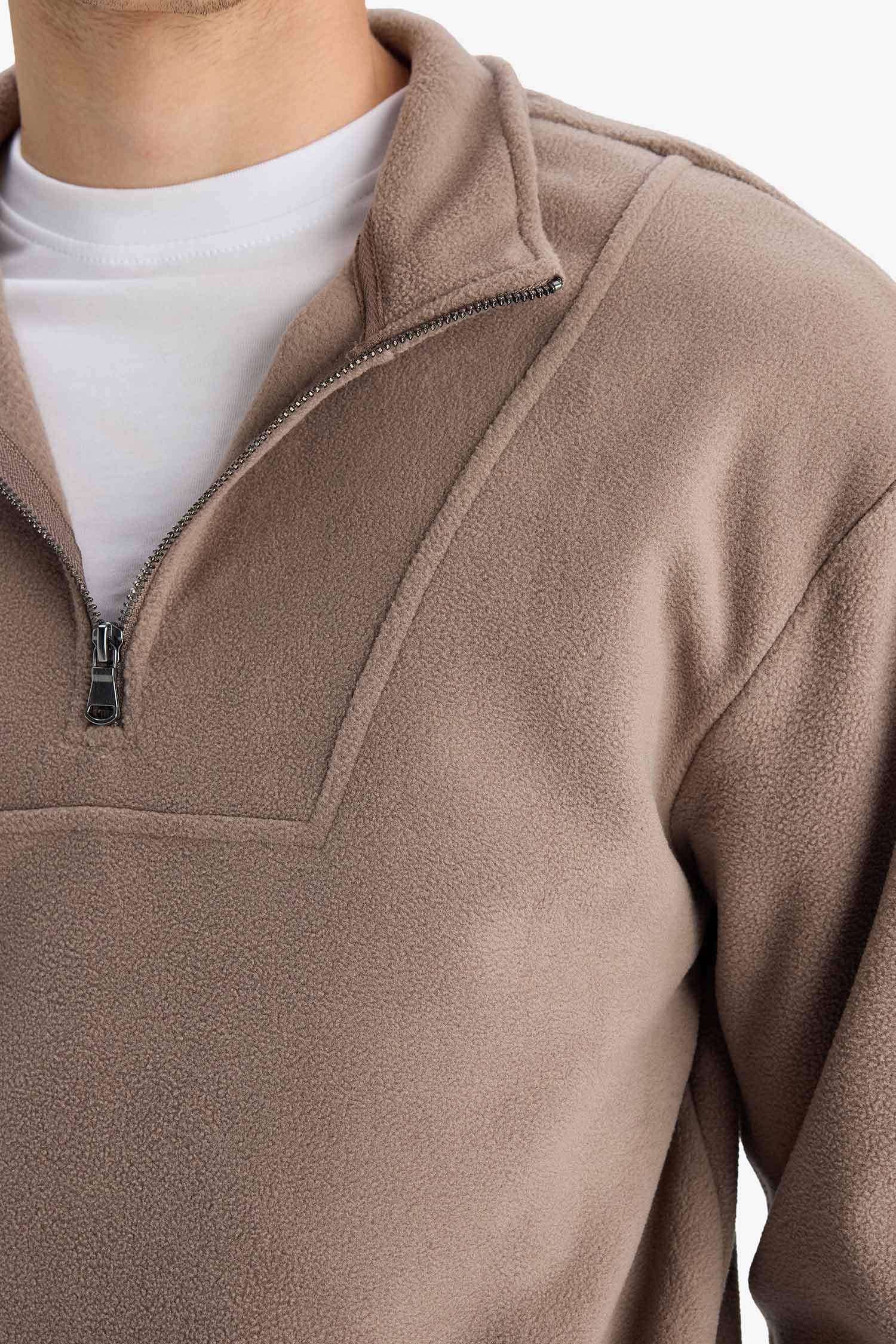 Boxy Fit Dik Yaka Yarım Fermuarlı Polar Sweatshirt