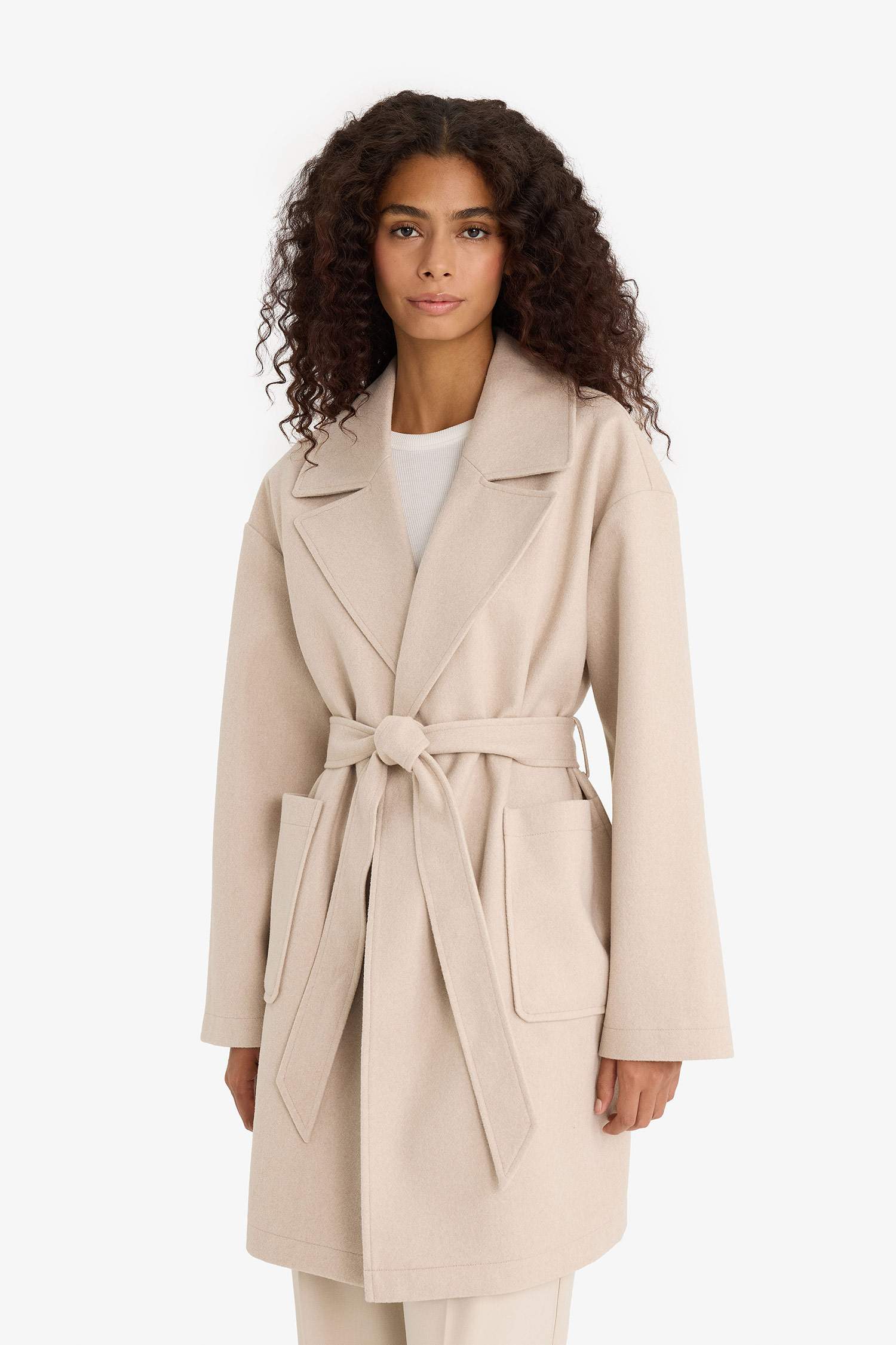 Regular Fit Kuşaklı Kaşe Kaban