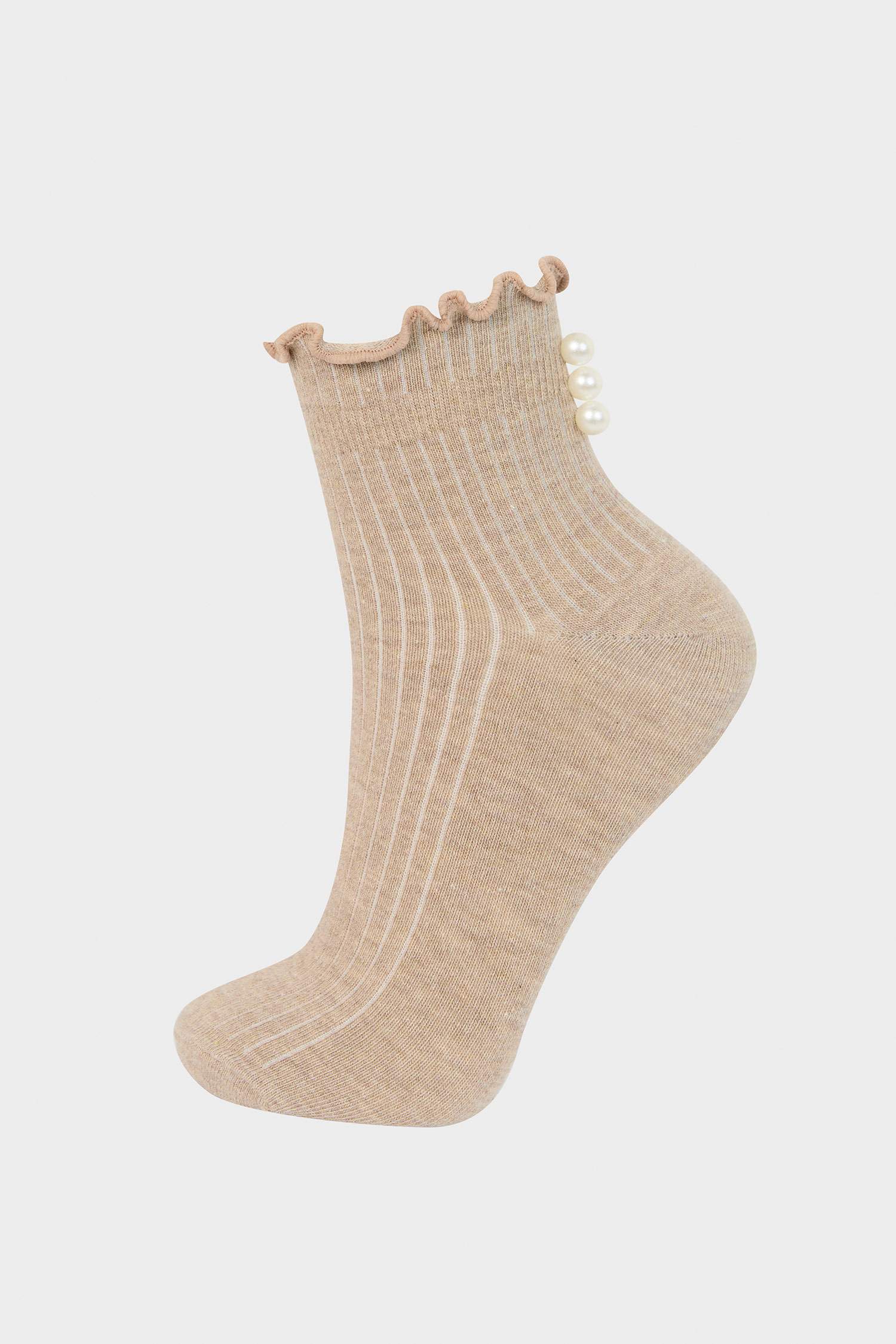 Kadın Dikişsiz İnci Detaylı Fırfırlı Penye Pamuklu Premium Soket Çorap